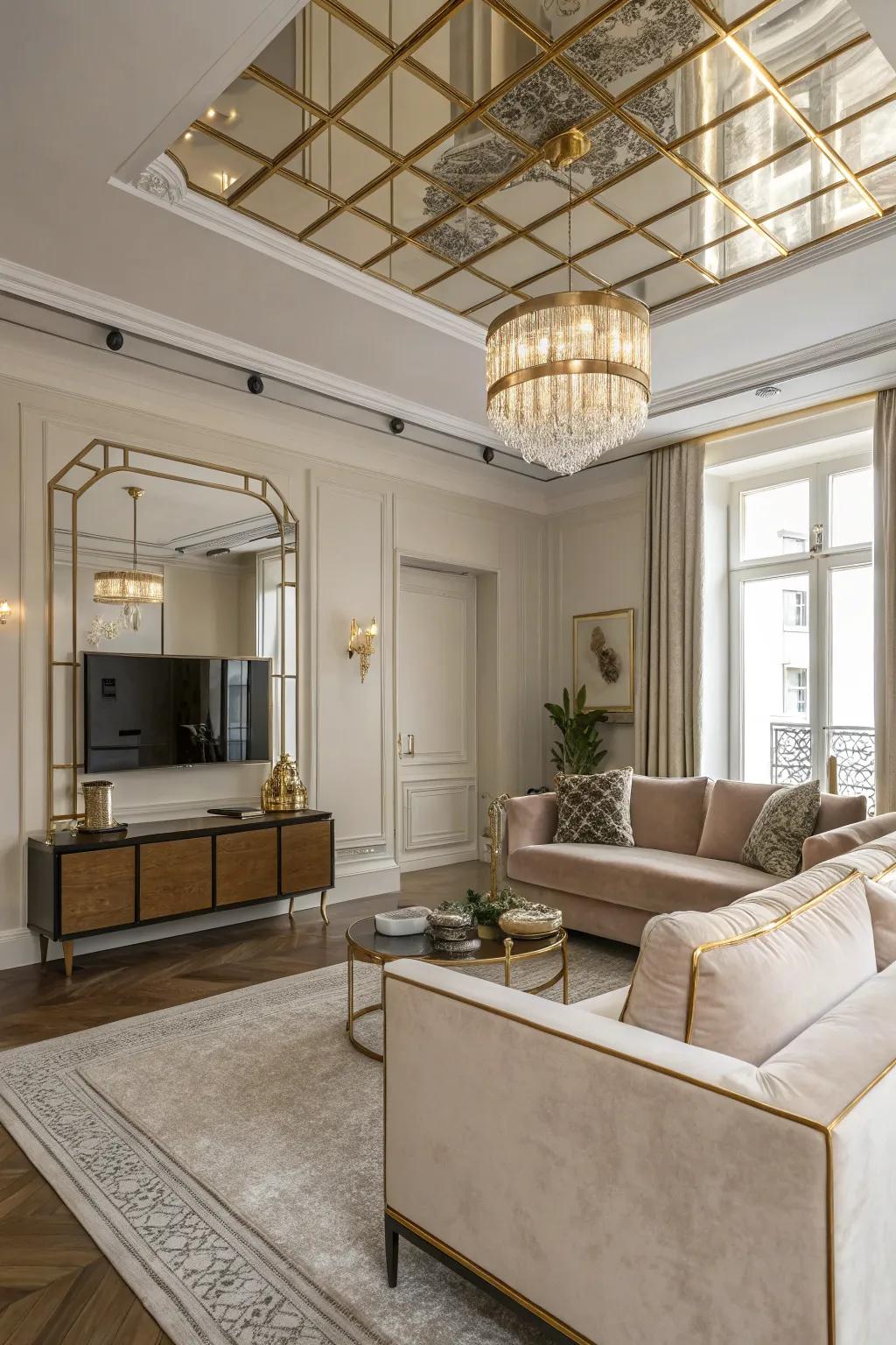 Channel the elegance of the twenties with an Art Deco mirrored ceiling that stands out.