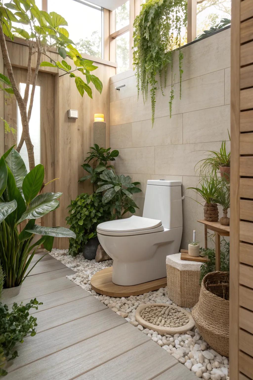 Bring the serenity of nature into your bathroom with lush plants and natural accents.