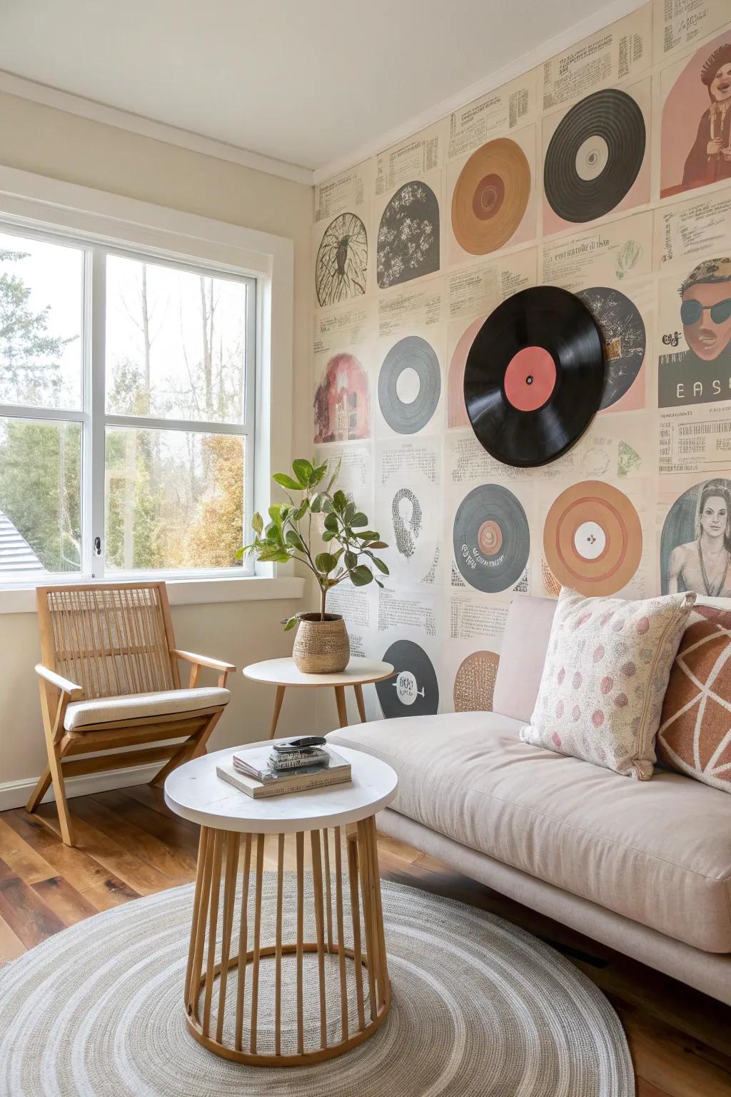 Take a trip down memory lane with a vintage record collage mural that celebrates the golden age of music.
