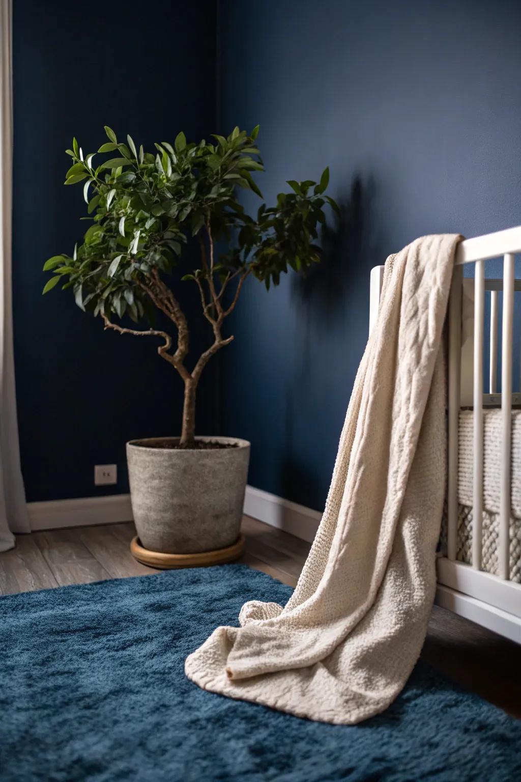 Greenery adds a fresh burst of life and color to the navy nursery.