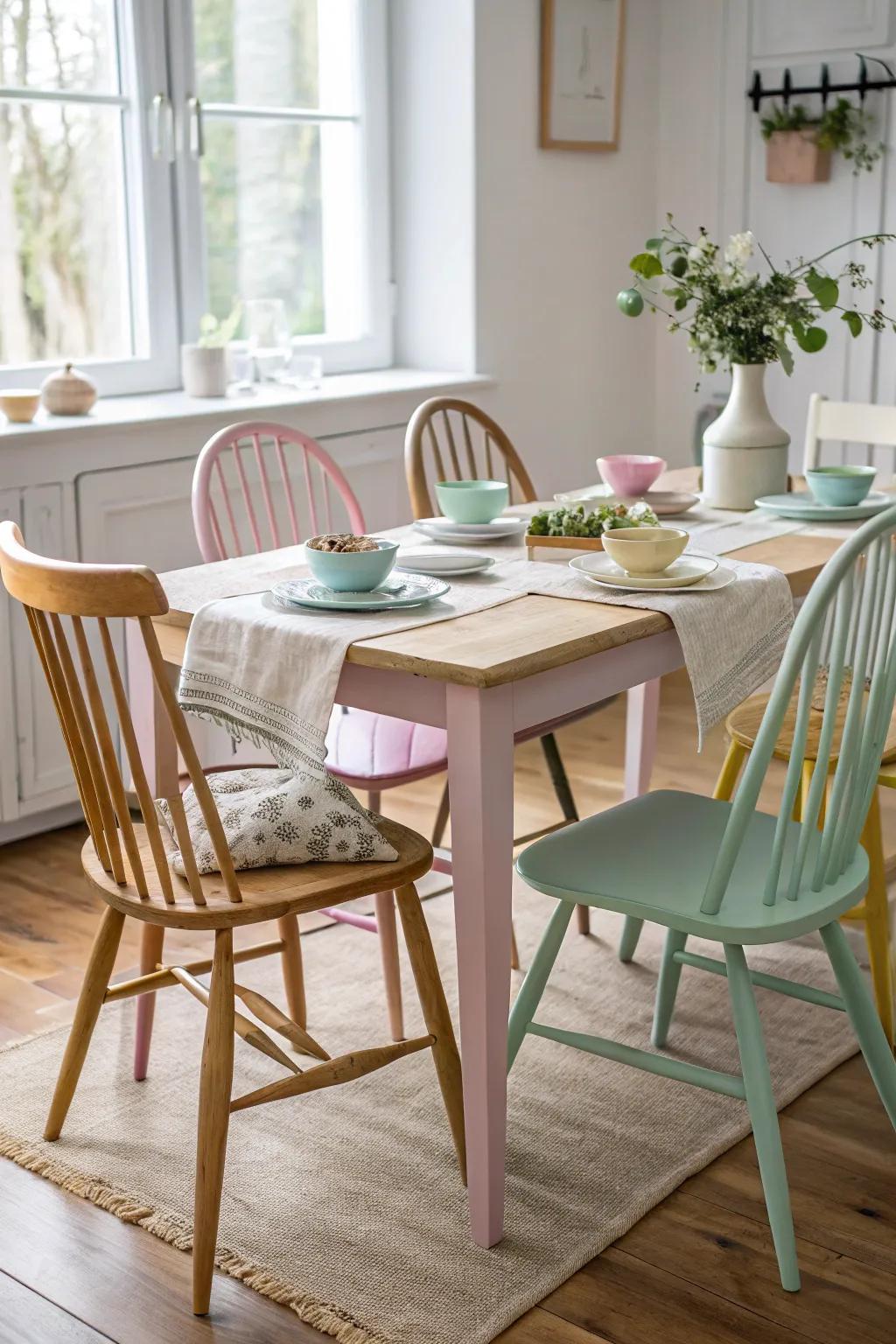 Whimsical pastel chairs add a playful touch to your dining room.
