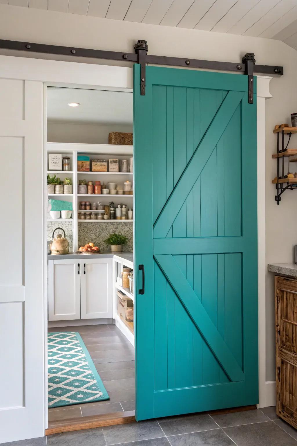 Painted barn doors add a splash of color and personality to your kitchen. 🎨 #ColorfulDecor #InteriorInspiration