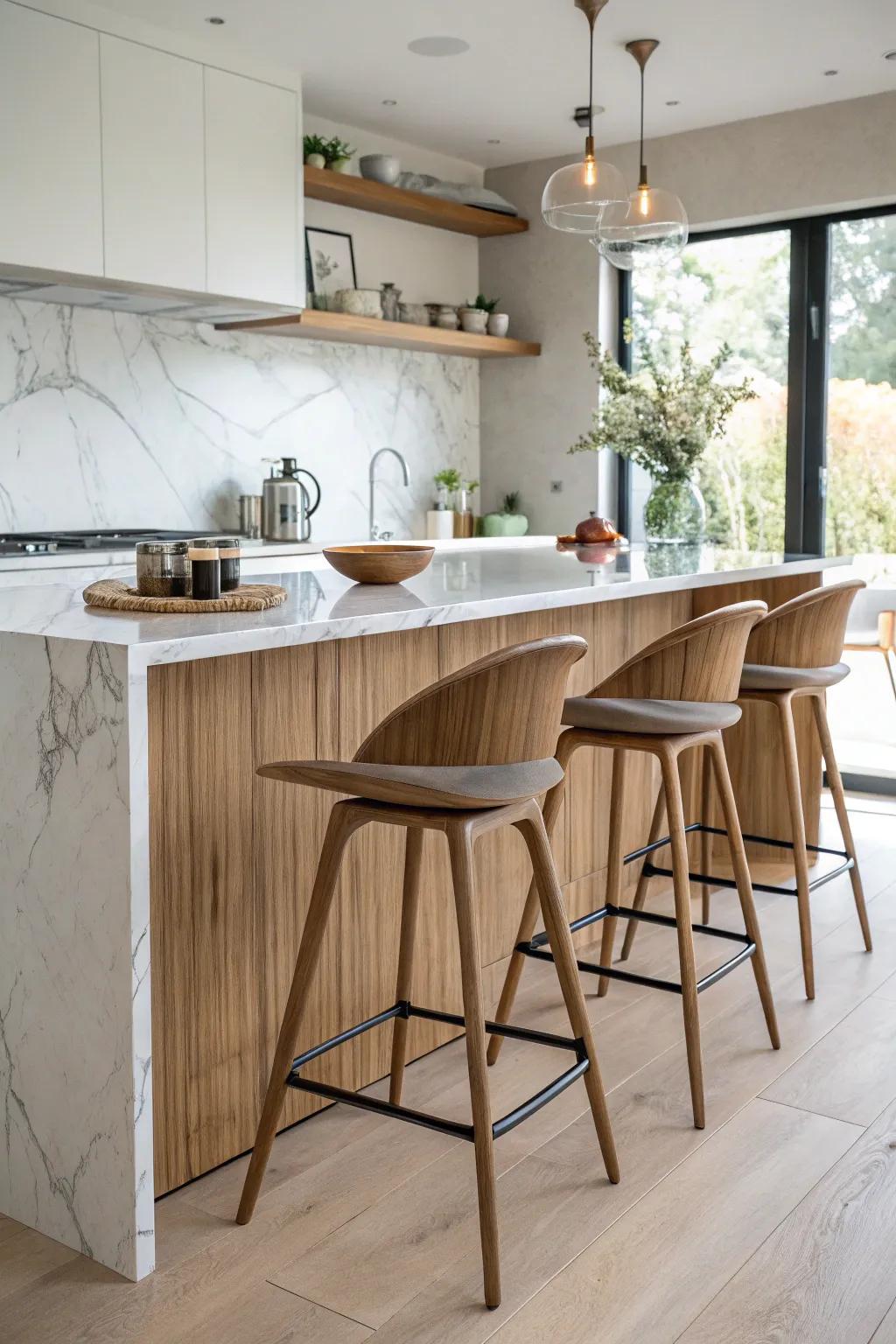 Achieve elegance with contemporary stools against a backdrop of marble luxury.