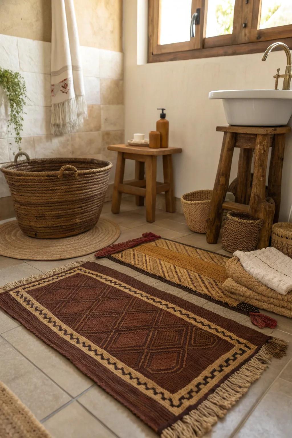 Woven rugs bring warmth and texture to your bathroom. #CozyVibes #HomeDecor 🧺