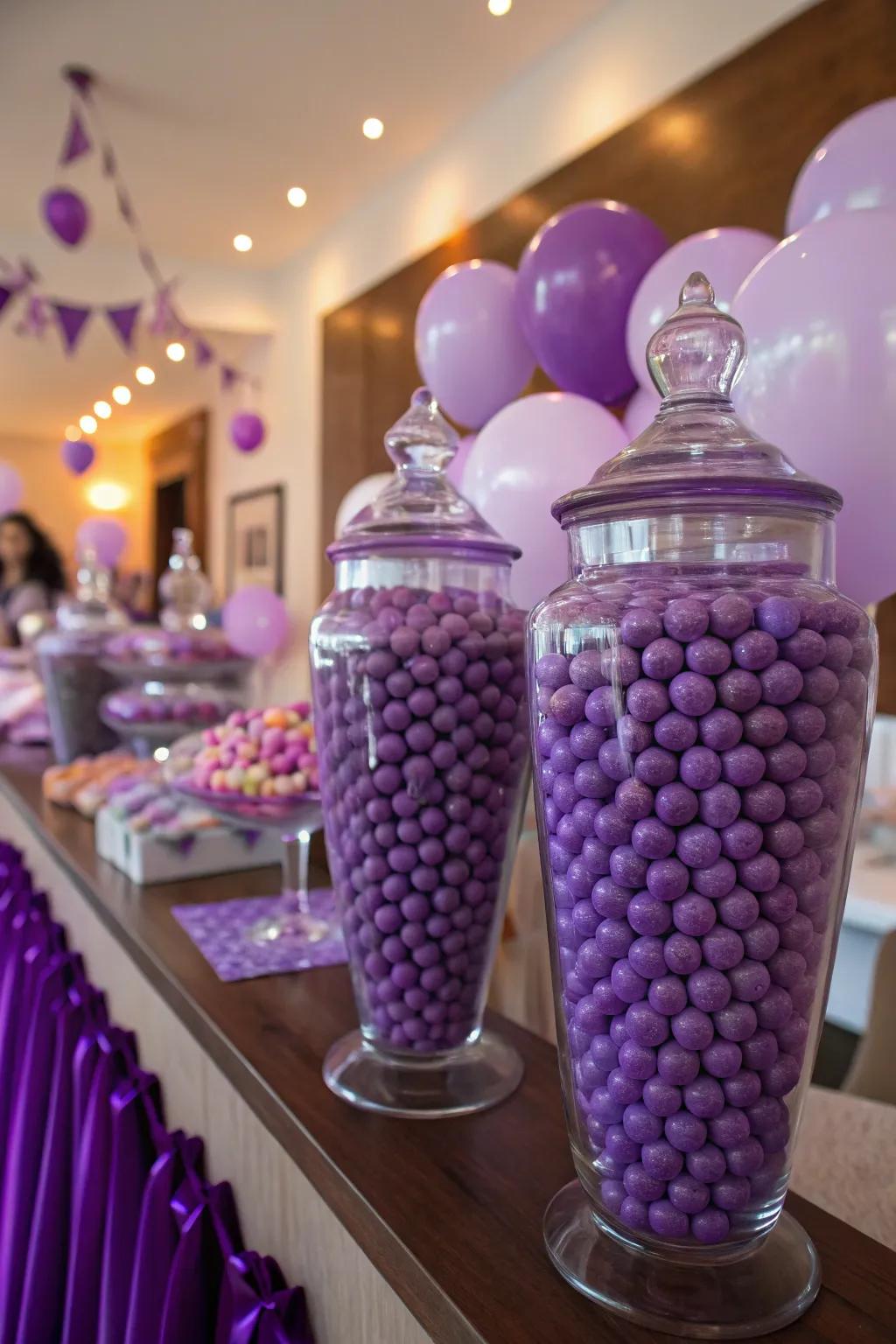 Sweeten the celebration with purple candy jars that double as decor and delightful treats.