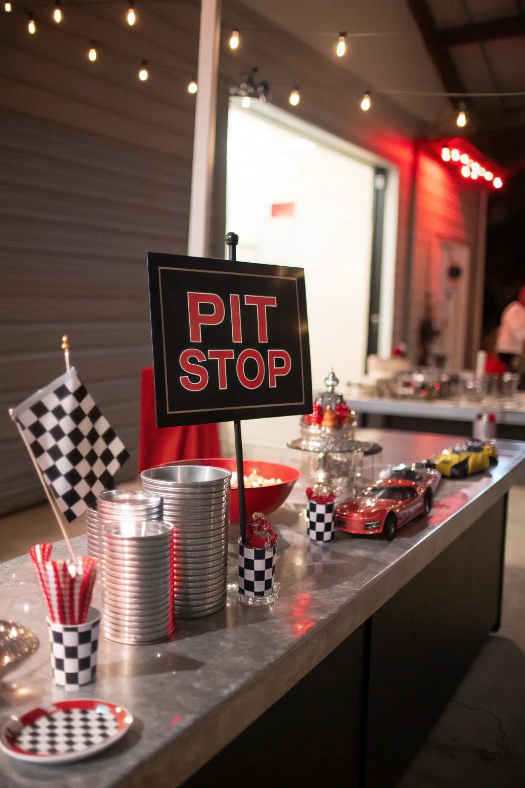 Create a 'Pit Stop' snack area that invites guests to relax and refuel during the party.