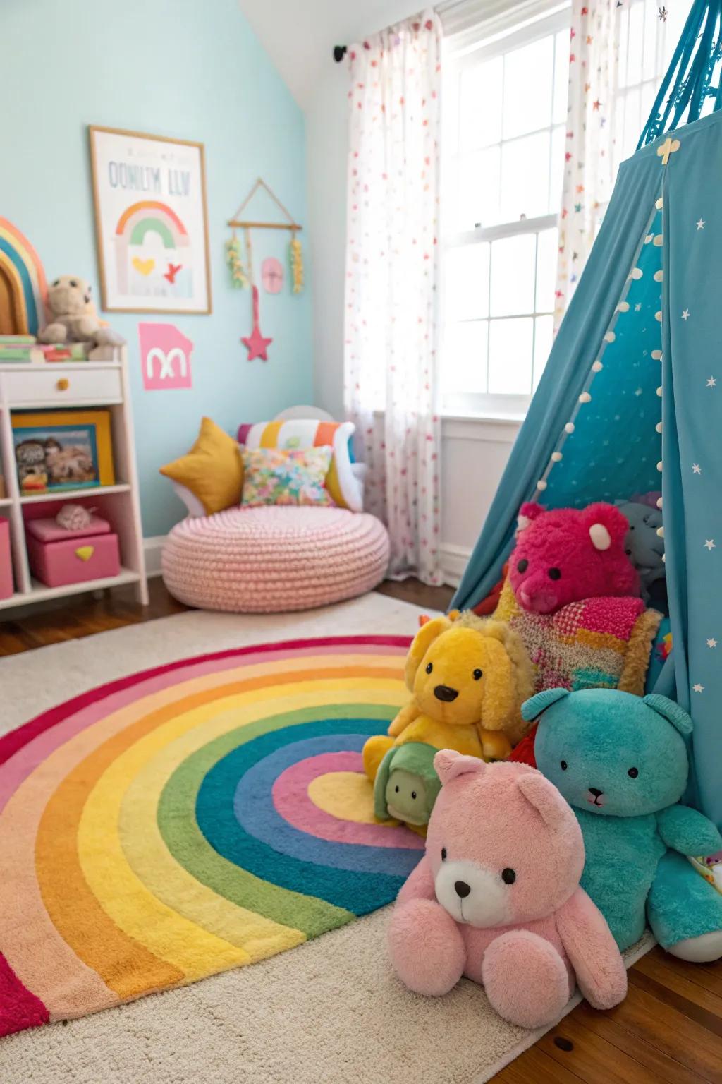 Rainbow plush toys add a touch of whimsy and comfort, perfect for playtime and cuddles. 🧸🌈 #Playroom #KidsDecor