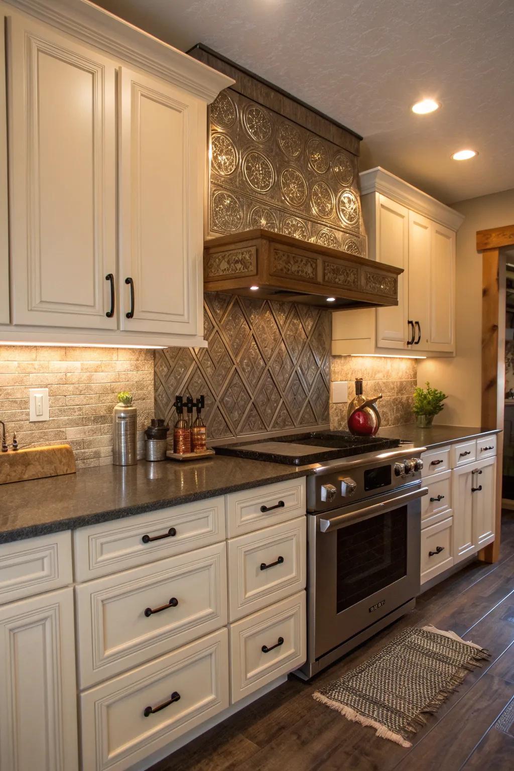 Blend modern and rustic with a <strong>tin backsplash</strong> in a sleek kitchen setting. 🔄 #ModernRustic #InteriorDesign” loading=”lazy” class=”pimg”>
	</picture><figcaption>Blend modern and rustic with a <strong>tin backsplash</strong> in a sleek kitchen setting. 🔄 #ModernRustic #InteriorDesign</figcaption></figure>
<p>Don’t shy away from using tin in a modern kitchen; it can add a touch of unexpected character. Pair it with sleek lines and minimalist decor for a stylish contrast.</p>
<h3>Some handy options:</h3>
<ul class=