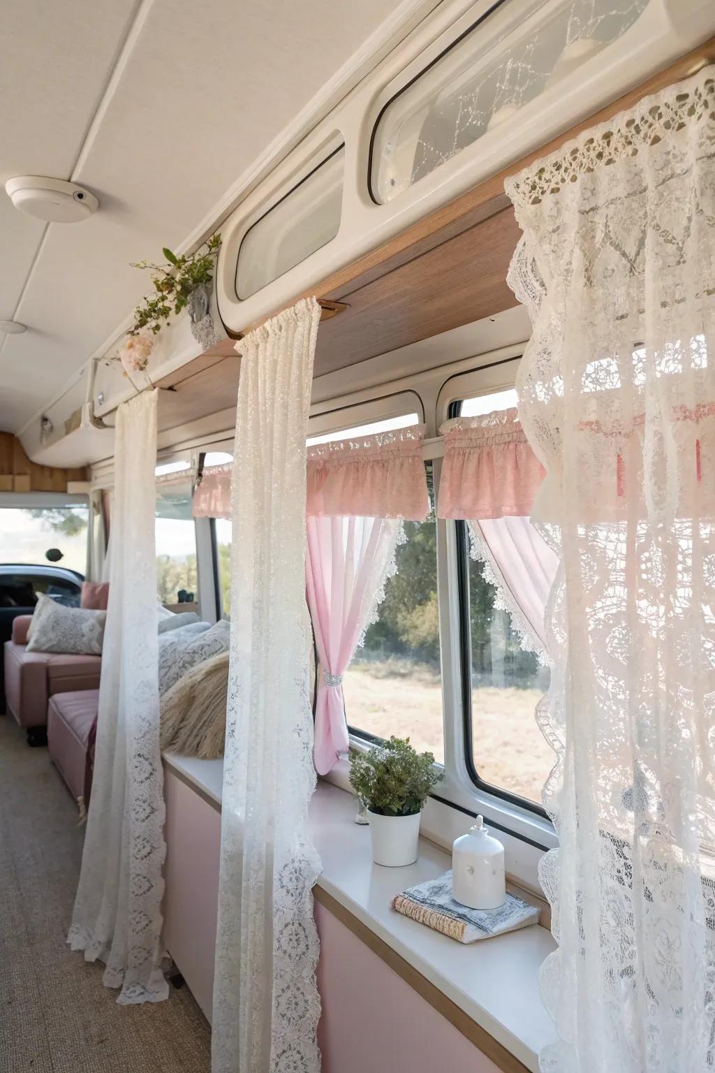 Delicate lace valances add a romantic touch to your RV, perfect for creating a cozy nook.