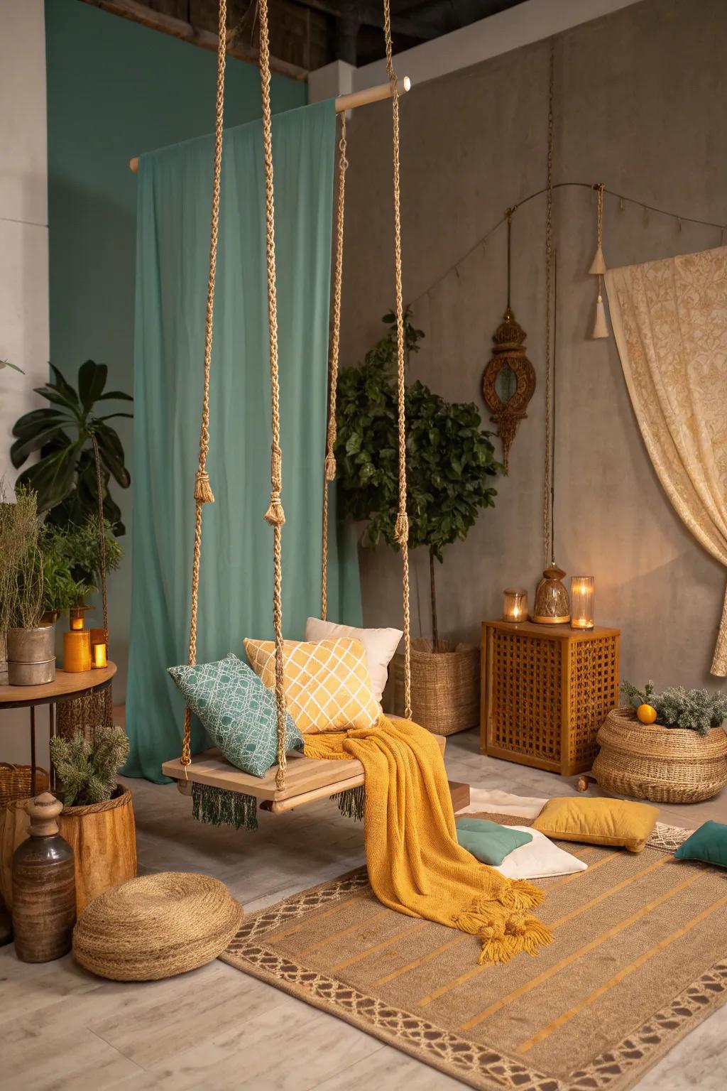 Add a playful element to your salon with a cozy swing that invites relaxation. #SwingDecor #InvitingSpaces
