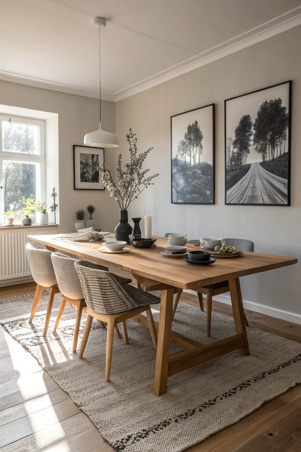 Minimalist art enhances the serene atmosphere of a Scandinavian dining room.
