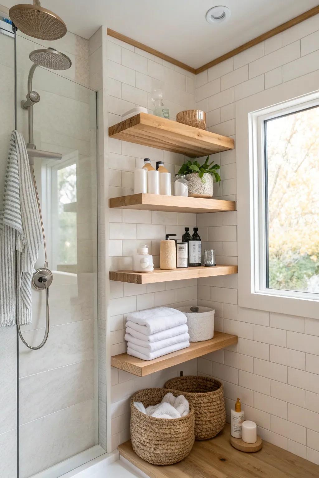 Elevate your shower style with chic floating shelves! 🌿 #MinimalistDesign #BathroomTrends