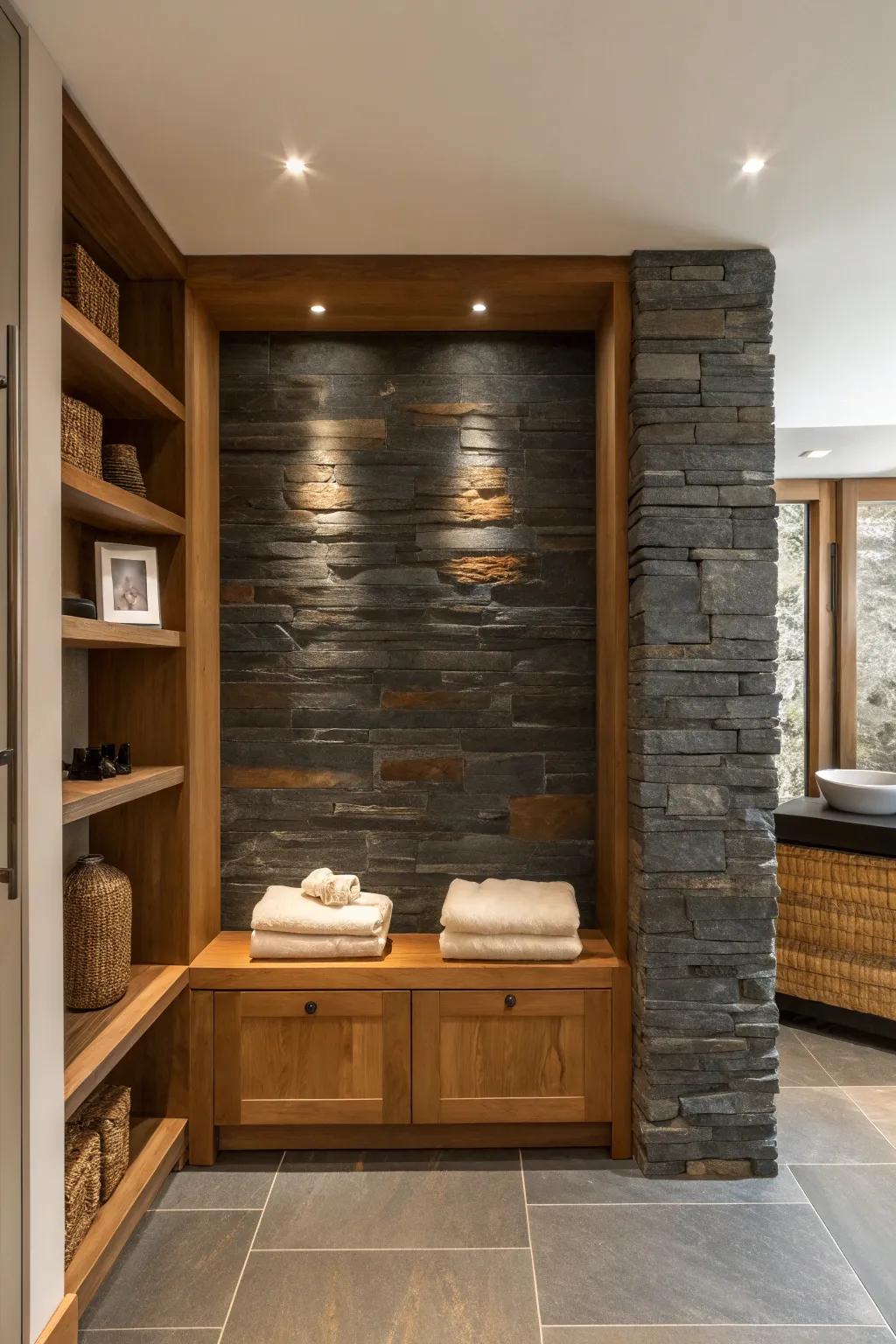 Discover the perfect harmony of slate and wood, creating a naturally inviting and sophisticated space.