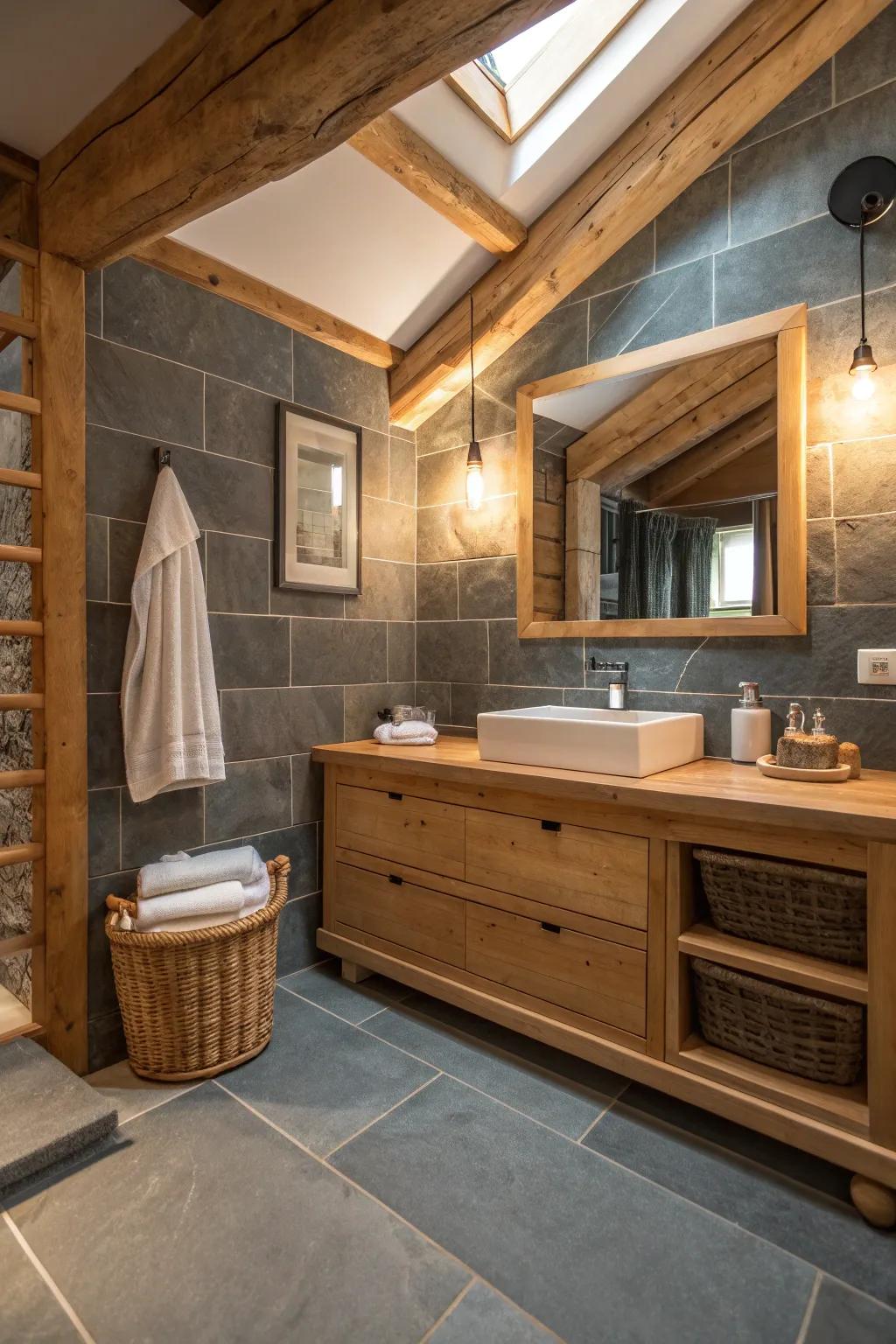 Experience the perfect balance of textures with slate and wood for a naturally inviting bathroom.
