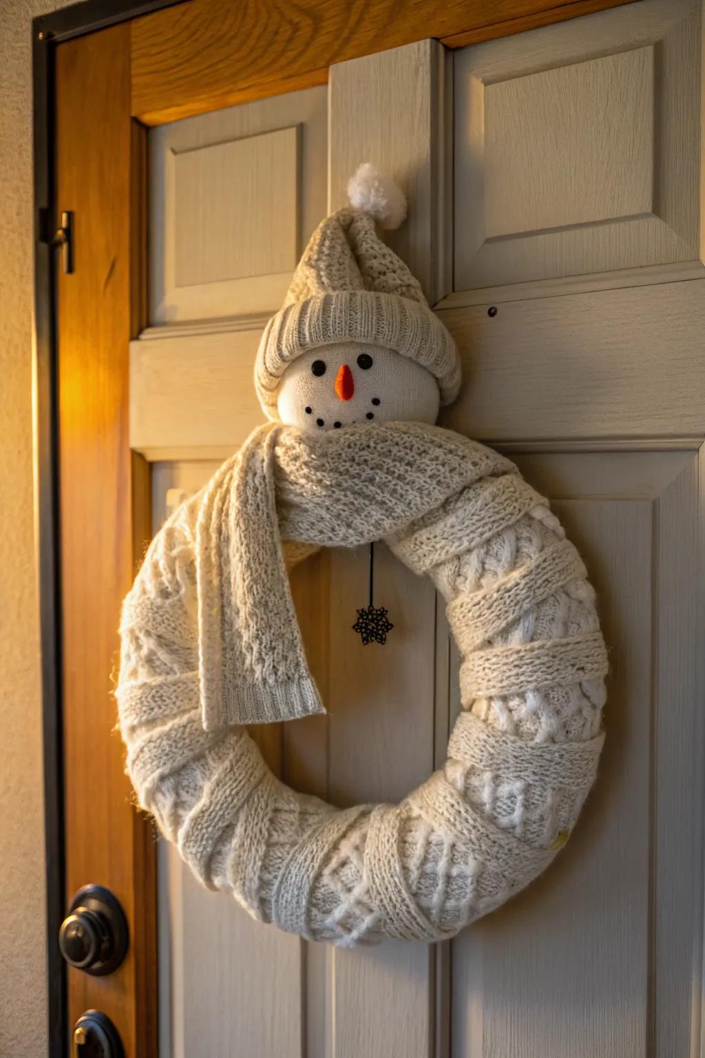 Embrace warmth with a knit-covered snowman wreath that's perfect for the cold season. #CozyDecor #WinterWarmth