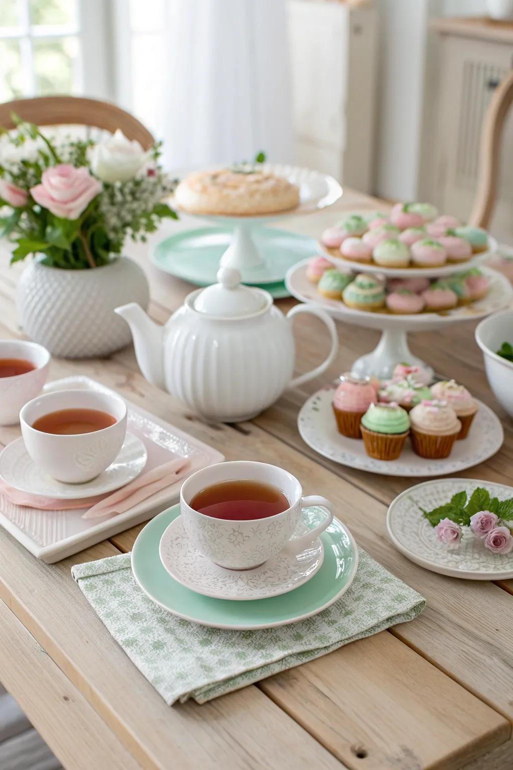 Invite guests to indulge in a charming tea party with an array of herbal teas and sweet treats.
