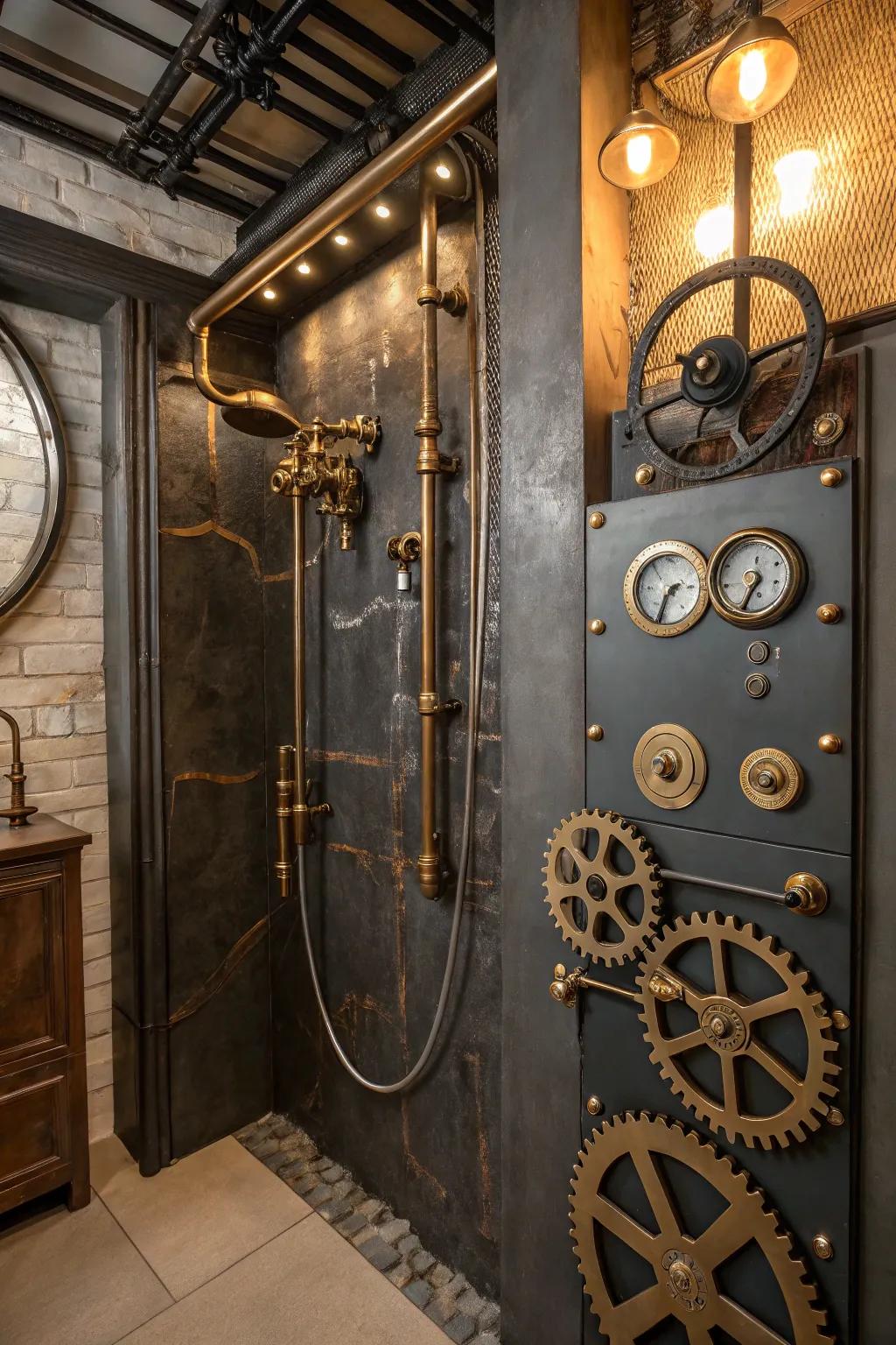 Turn your shower into a steampunk playground with mechanical controls that captivate. ⚙️ #ShowerDesign #SteampunkInnovation