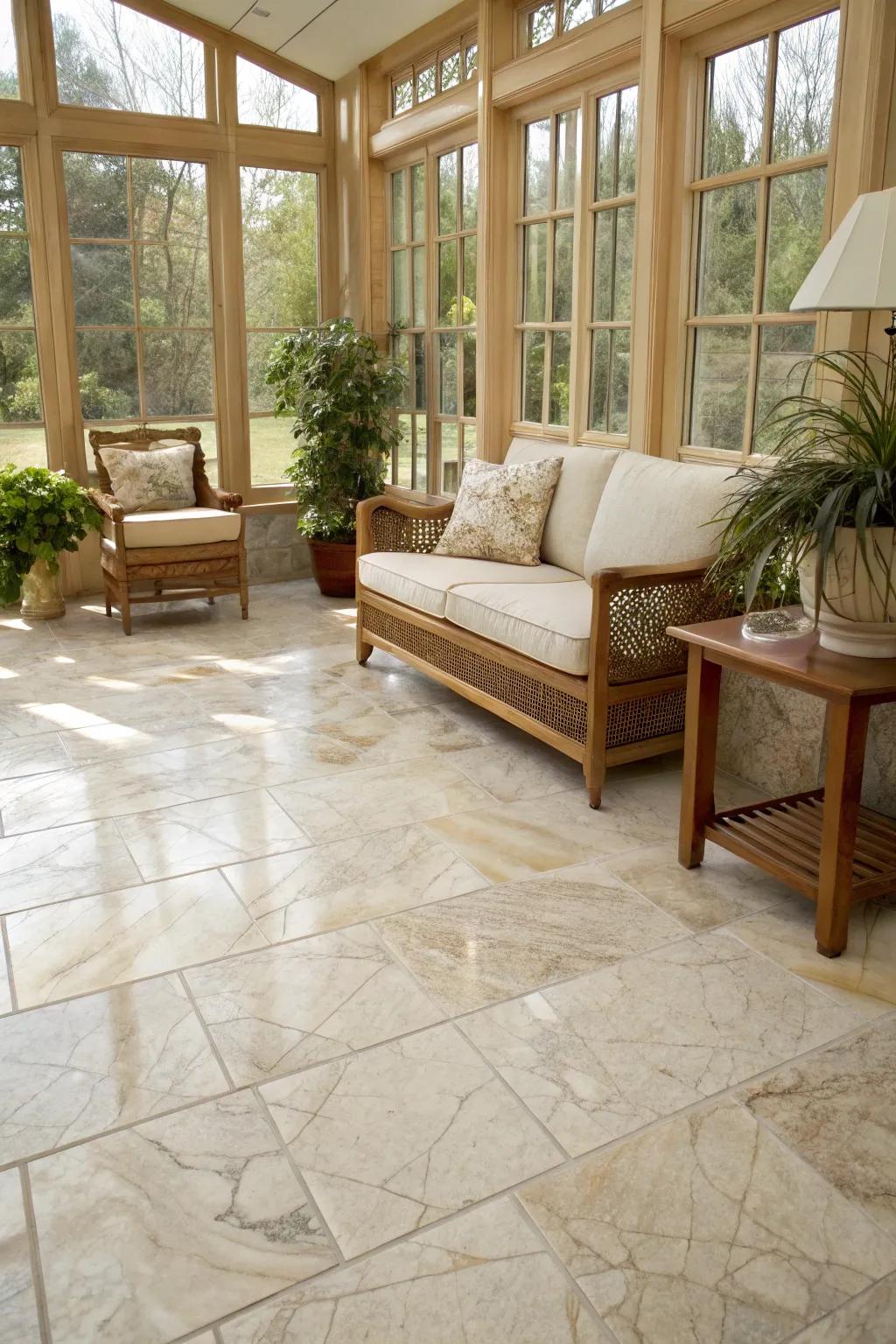 Marble tiles add timeless elegance and luxury to your sunroom.