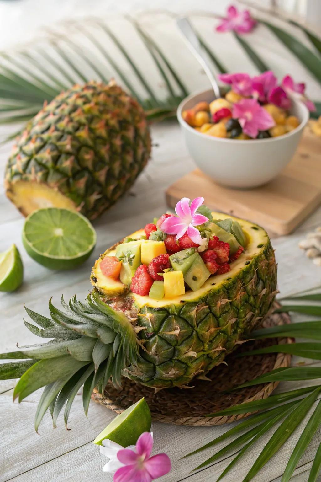 Serve fruit salads in hollowed pineapples for a creative and tasty twist. #FoodPresentation #PartyIdeas 🍍