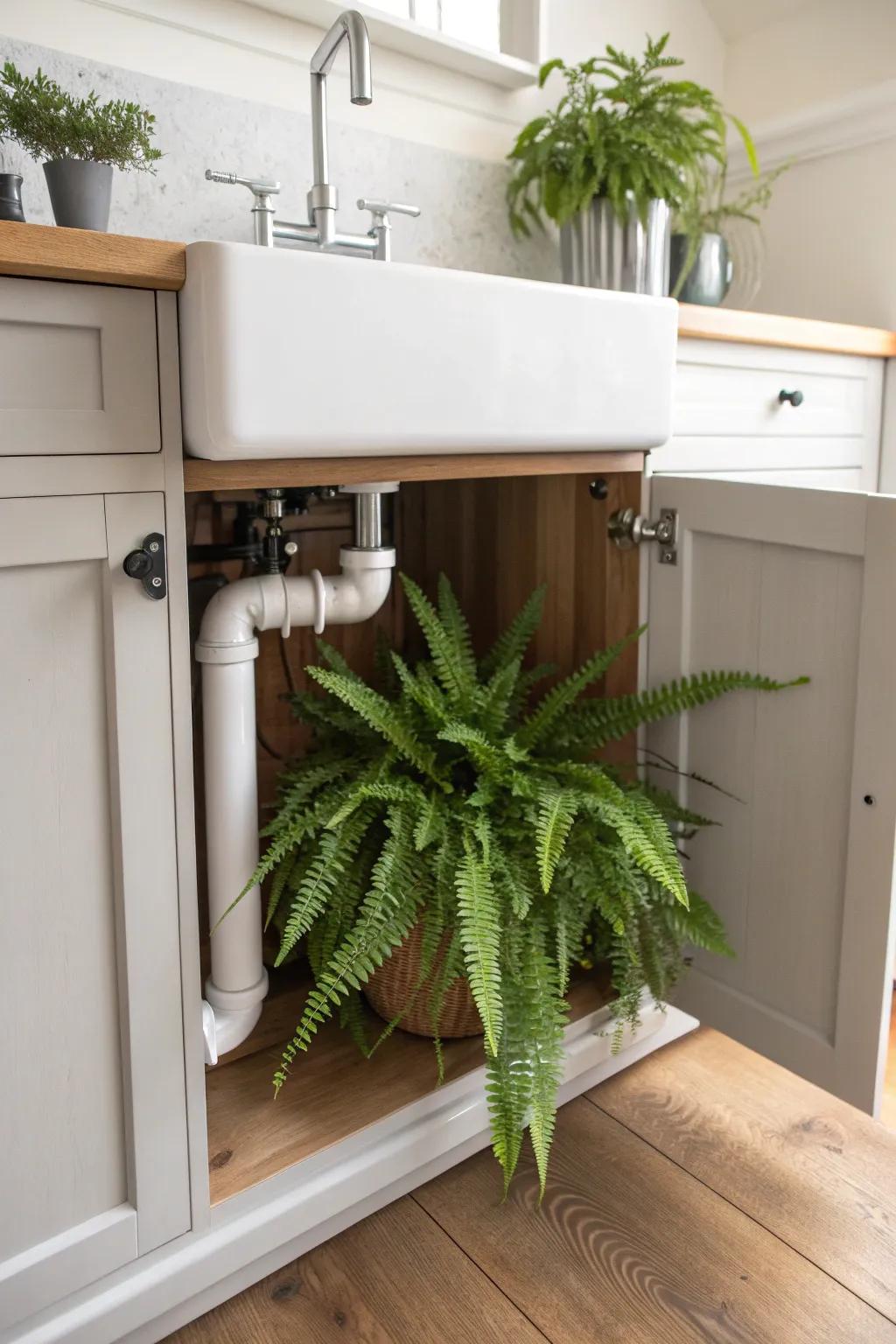 Transform your under-sink area into a green oasis with the strategic placement of plants.