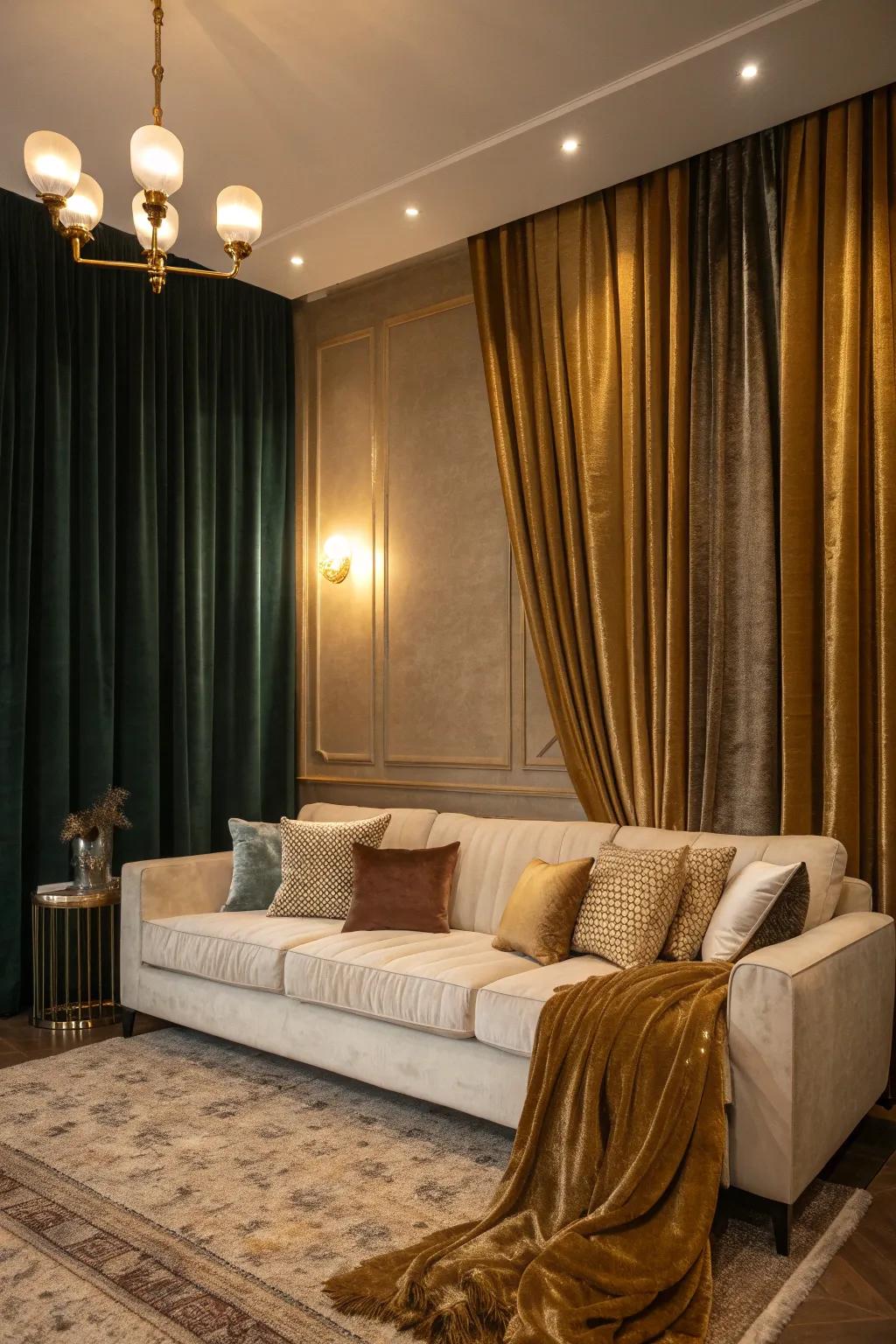 Create a cozy ambiance in your living room with curtains that offer a soft and inviting backdrop.