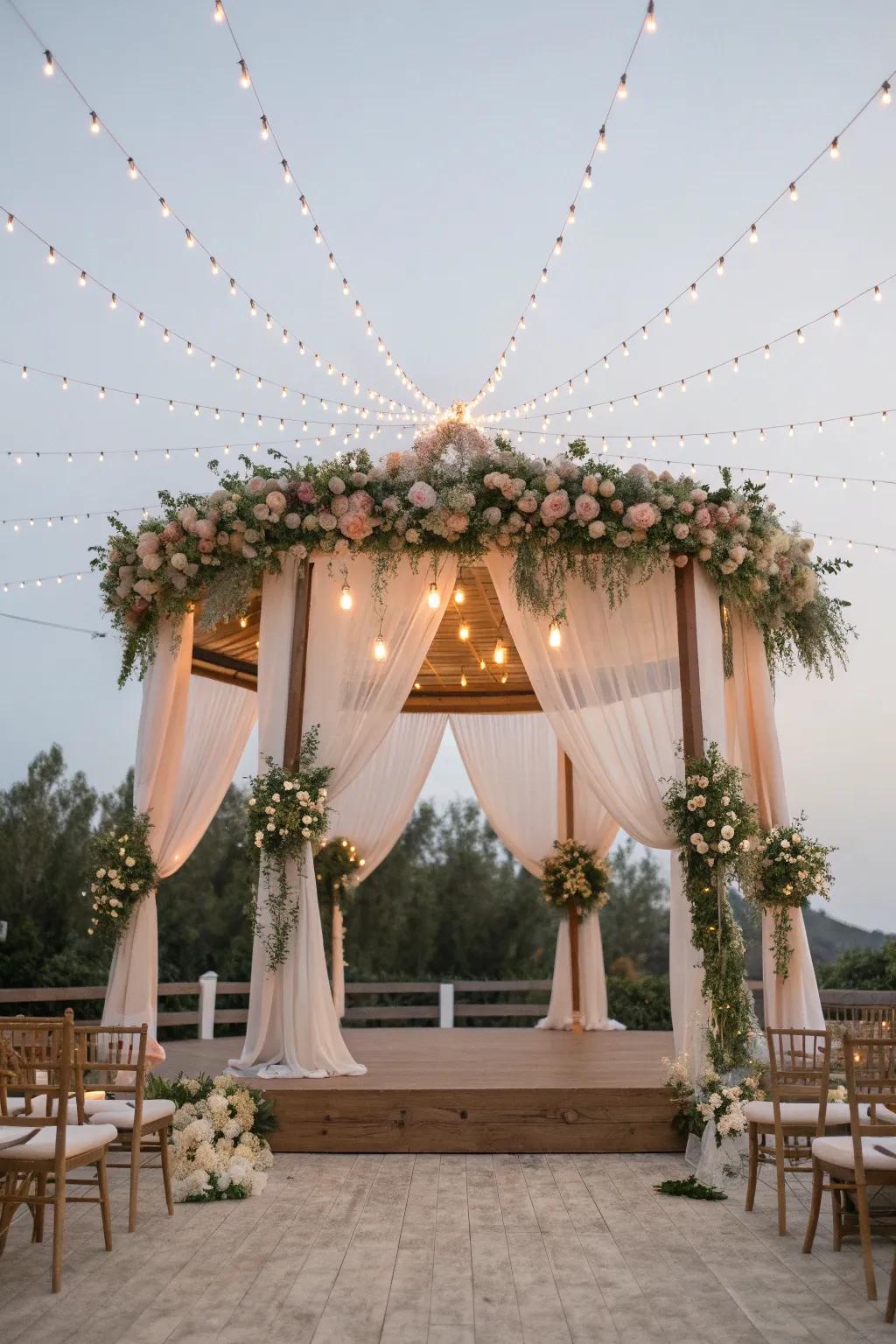 A whimsical canopy of flowers and lights transforms your wedding stage into a fairytale setting. ✨ #WeddingMagic #Canopy
