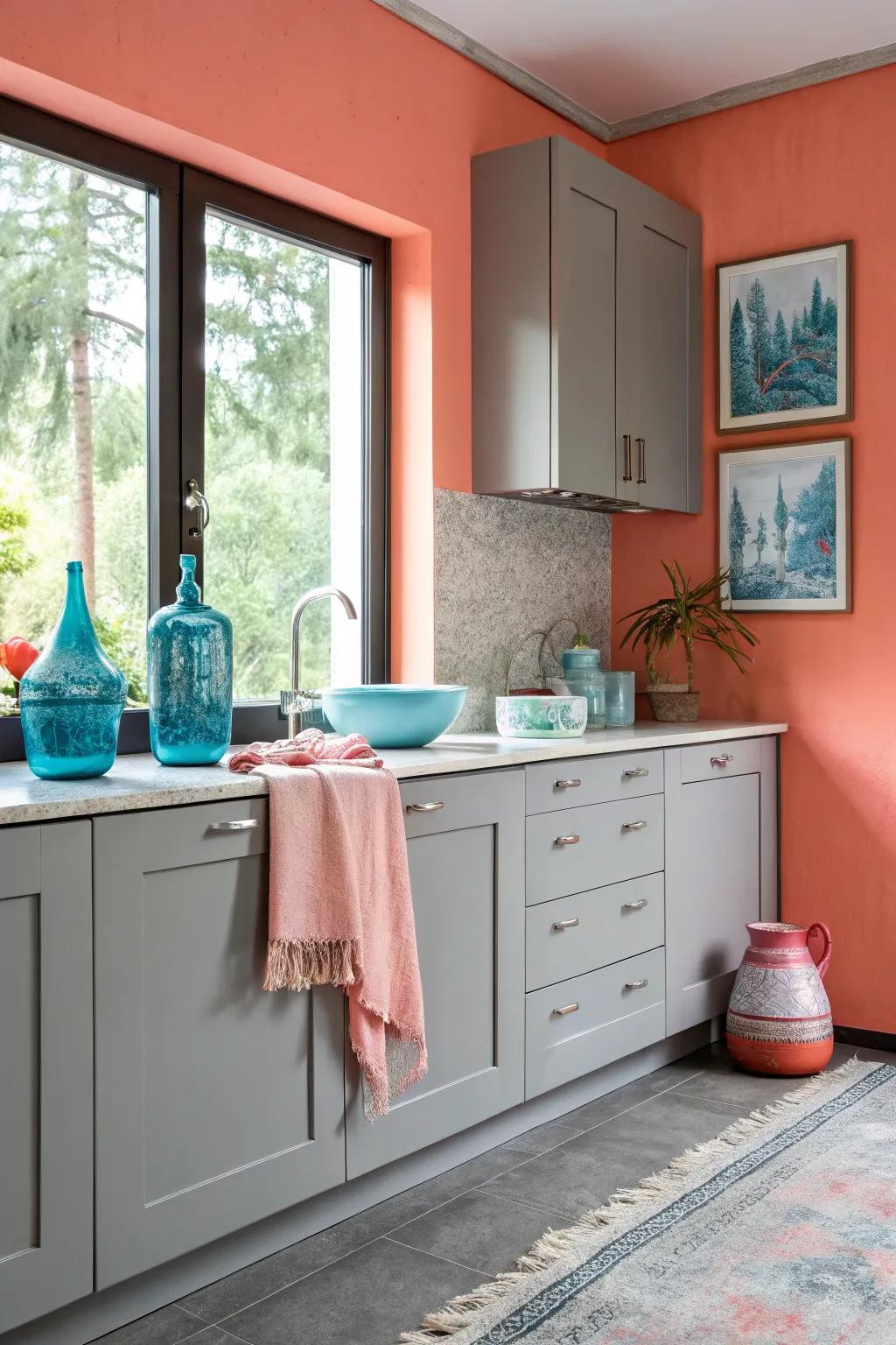 Introduce subtle charm with muted pastel walls that harmonize with gray cabinets.