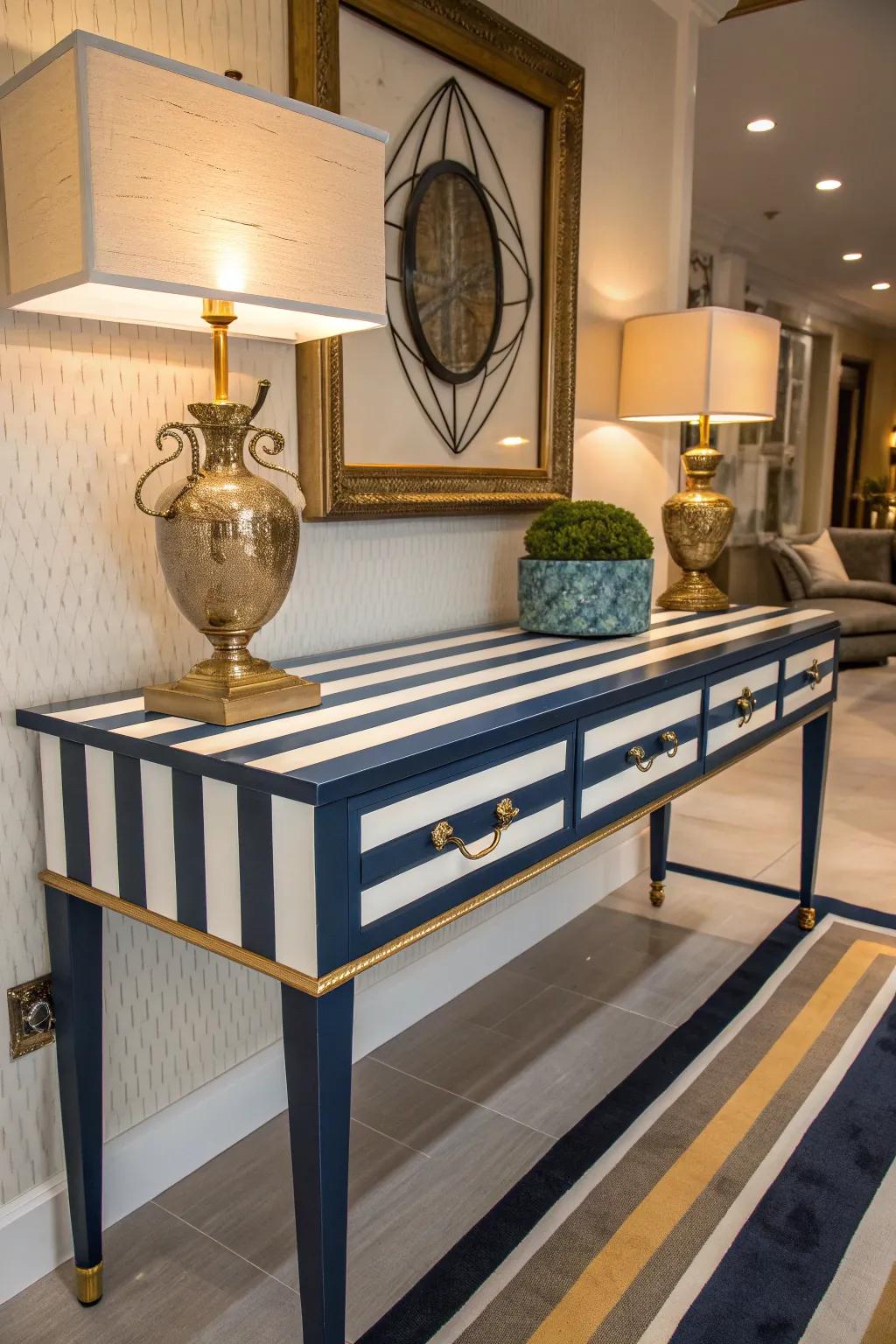 Make a bold statement in your entryway with a hand-painted console table featuring striking stripes.