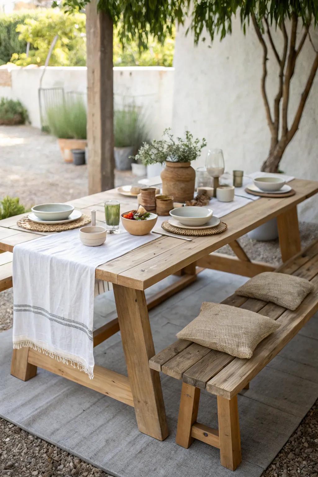 Create the perfect outdoor dining experience with a rustic wooden table that invites warmth and togetherness.
