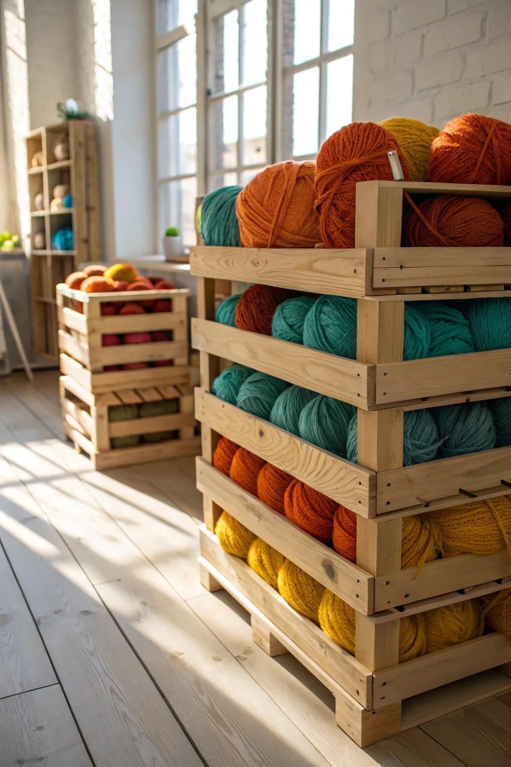 Embrace rustic charm with stackable wooden crates for flexible yarn storage.