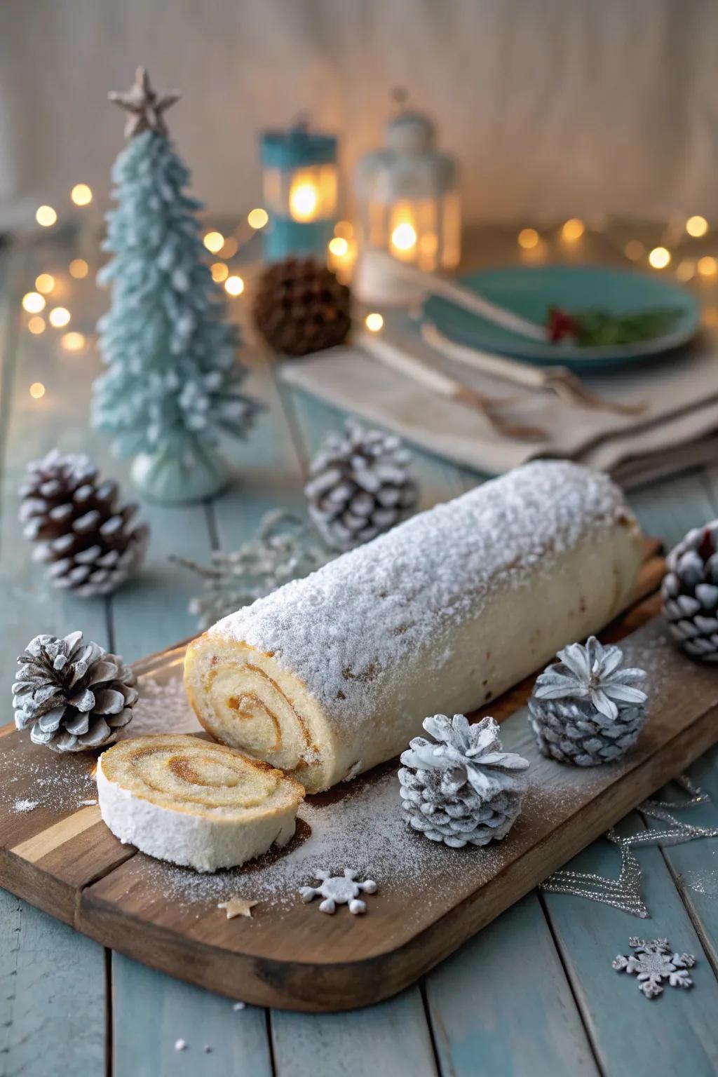 Create a winter wonderland on your table with a frosted yule log that sparkles with seasonal magic.
