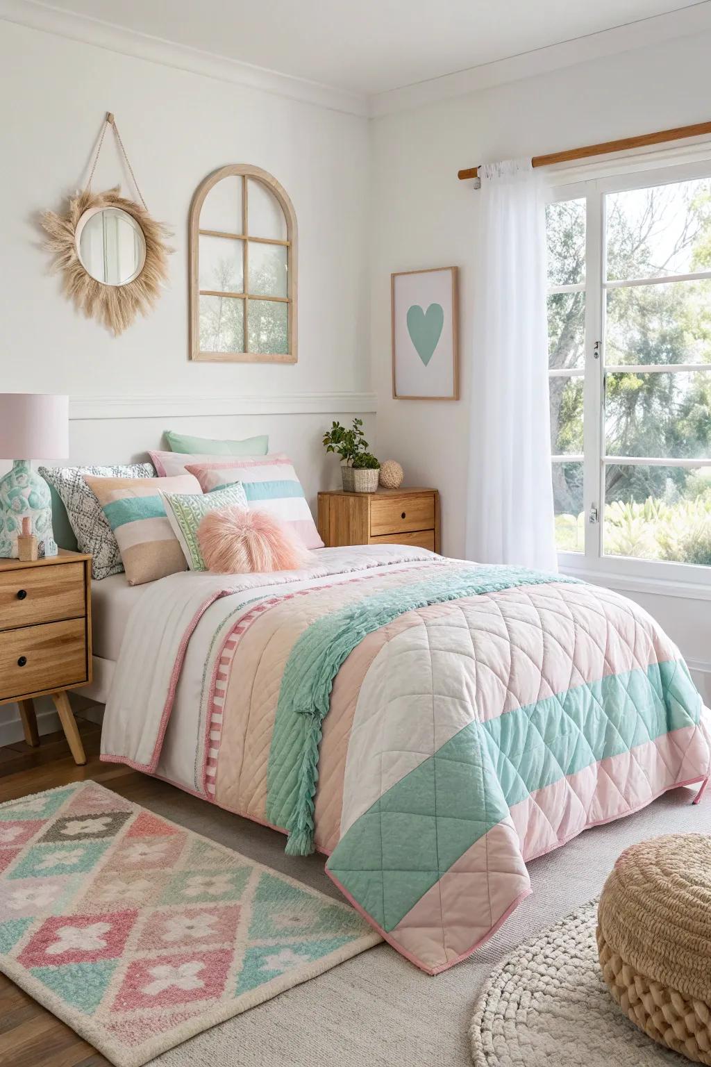 Colorful bedding sets the tone for a lively and inviting teen bedroom, full of charm and character.