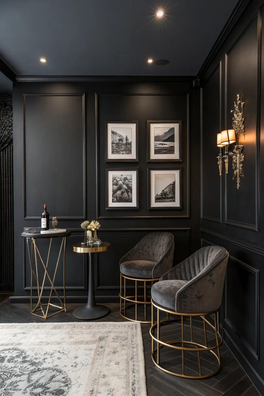 Sleek furniture and minimalist decor keep this black room modern and serene. #MinimalistDesign #HomeStyle