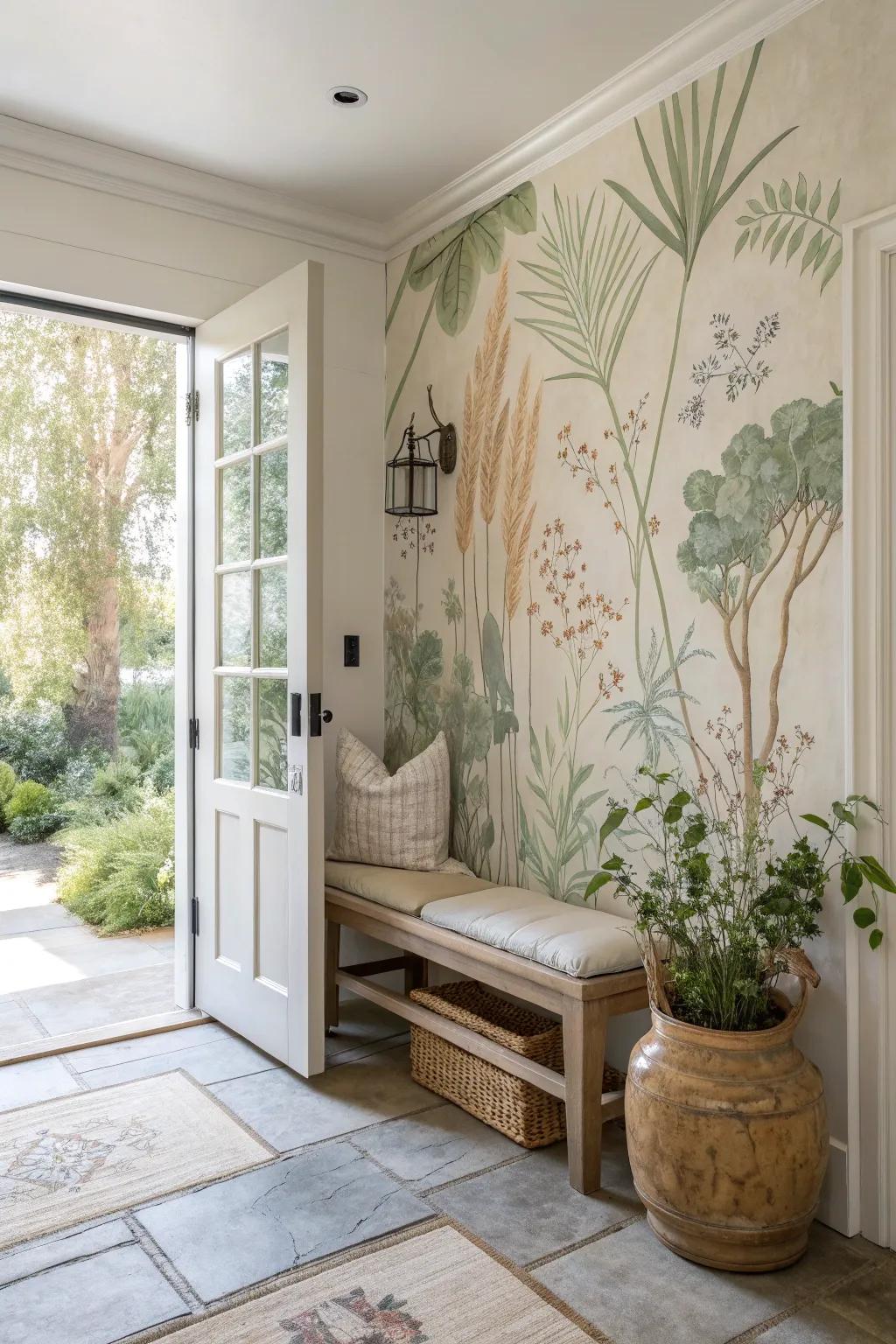 Bring nature indoors with botanical murals that create a serene and inviting atmosphere.