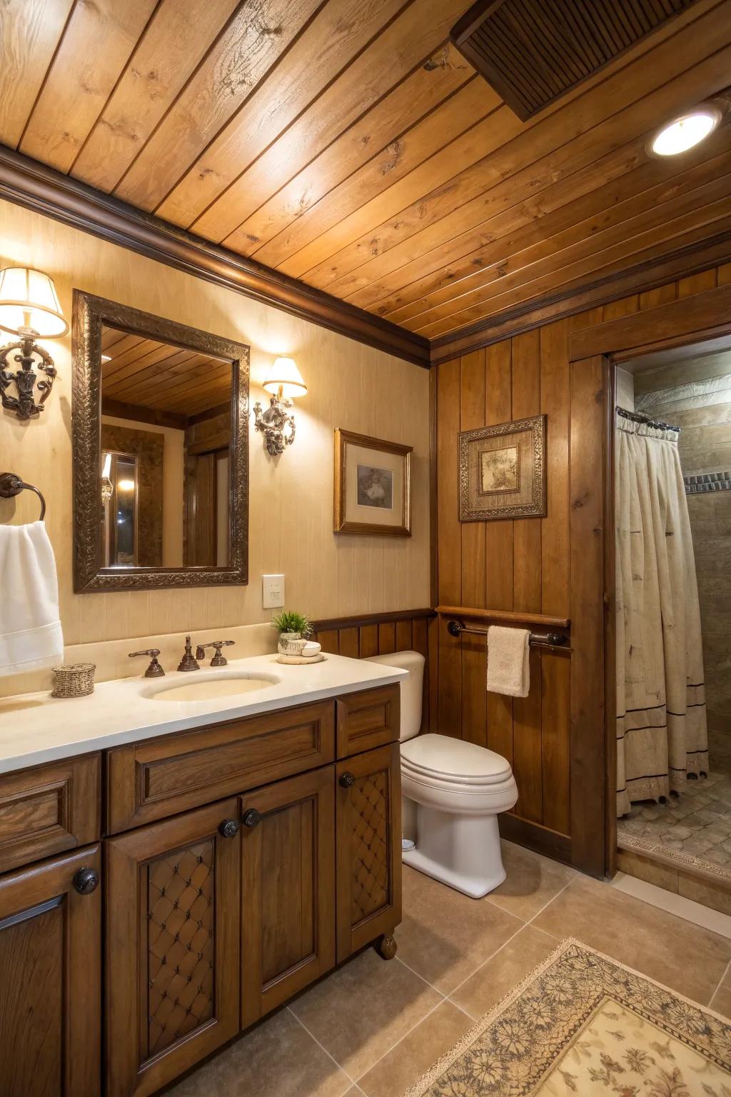 Wooden soffits bring warmth and a touch of nostalgia to your bathroom.