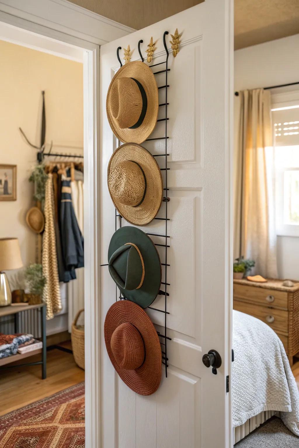 A hat hanger behind the door adds charm and functionality to your personal space.