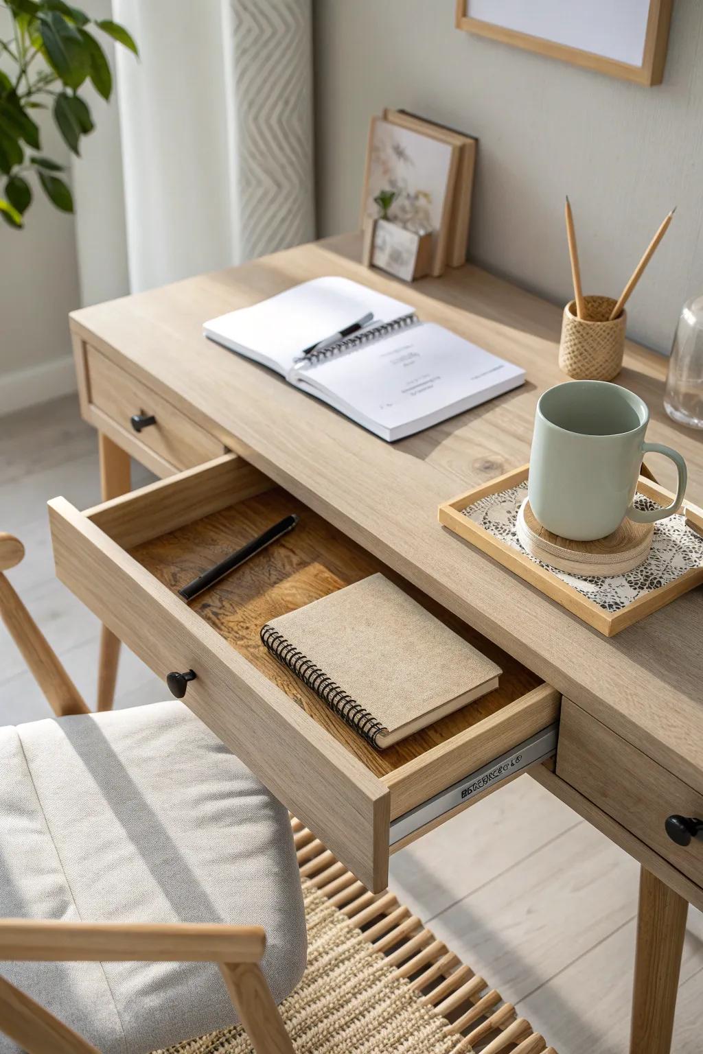 Discover the joys of hidden storage with a desk drawer that blends seamlessly with your decor.
