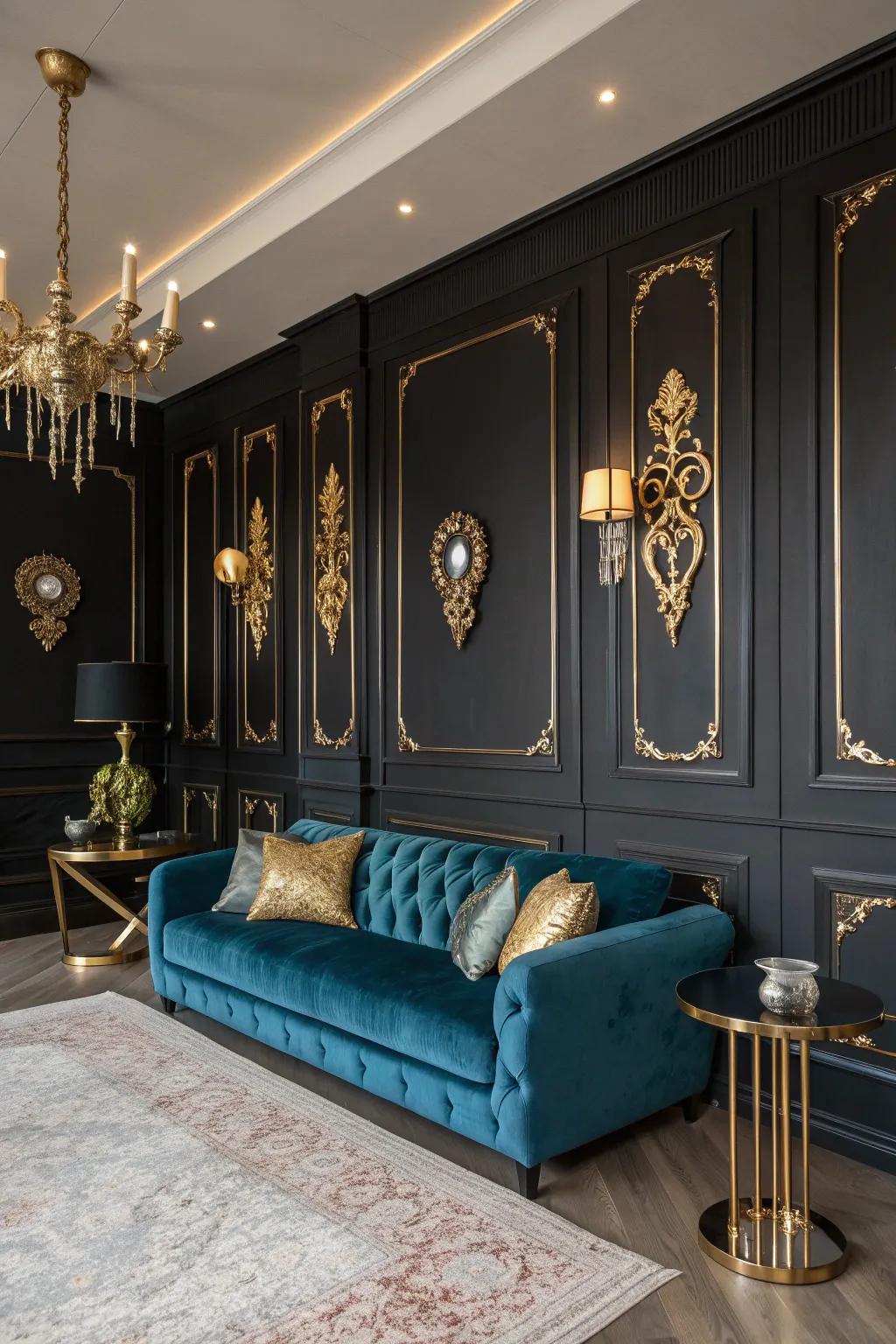 Dare to go dark with walls that showcase gold accents beautifully. 🌟 #WallDesign #BoldInteriors