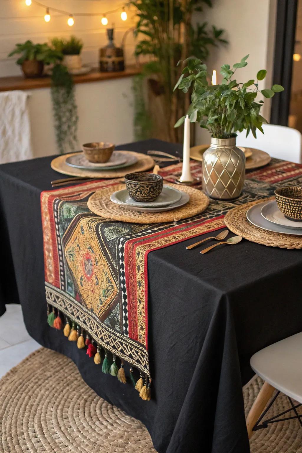Create a relaxed boho vibe with colorful accents on a black tablecloth.