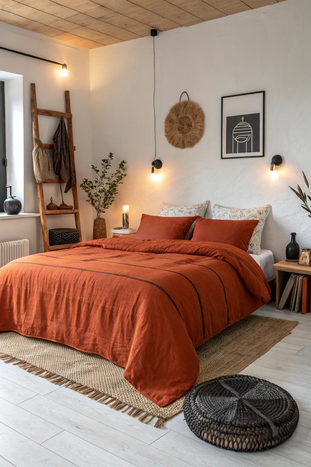 Bold burnt orange bedding makes a striking statement in any bedroom.