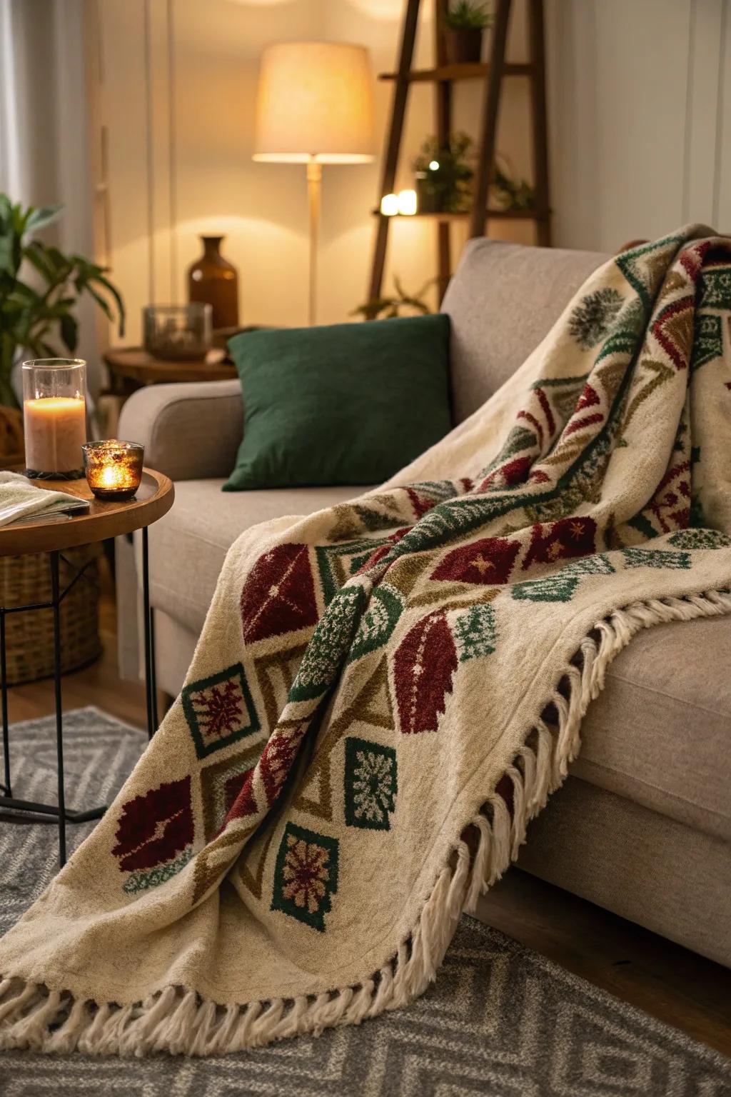 A cozy throw blanket invites warmth and charm, perfect for snuggling up.