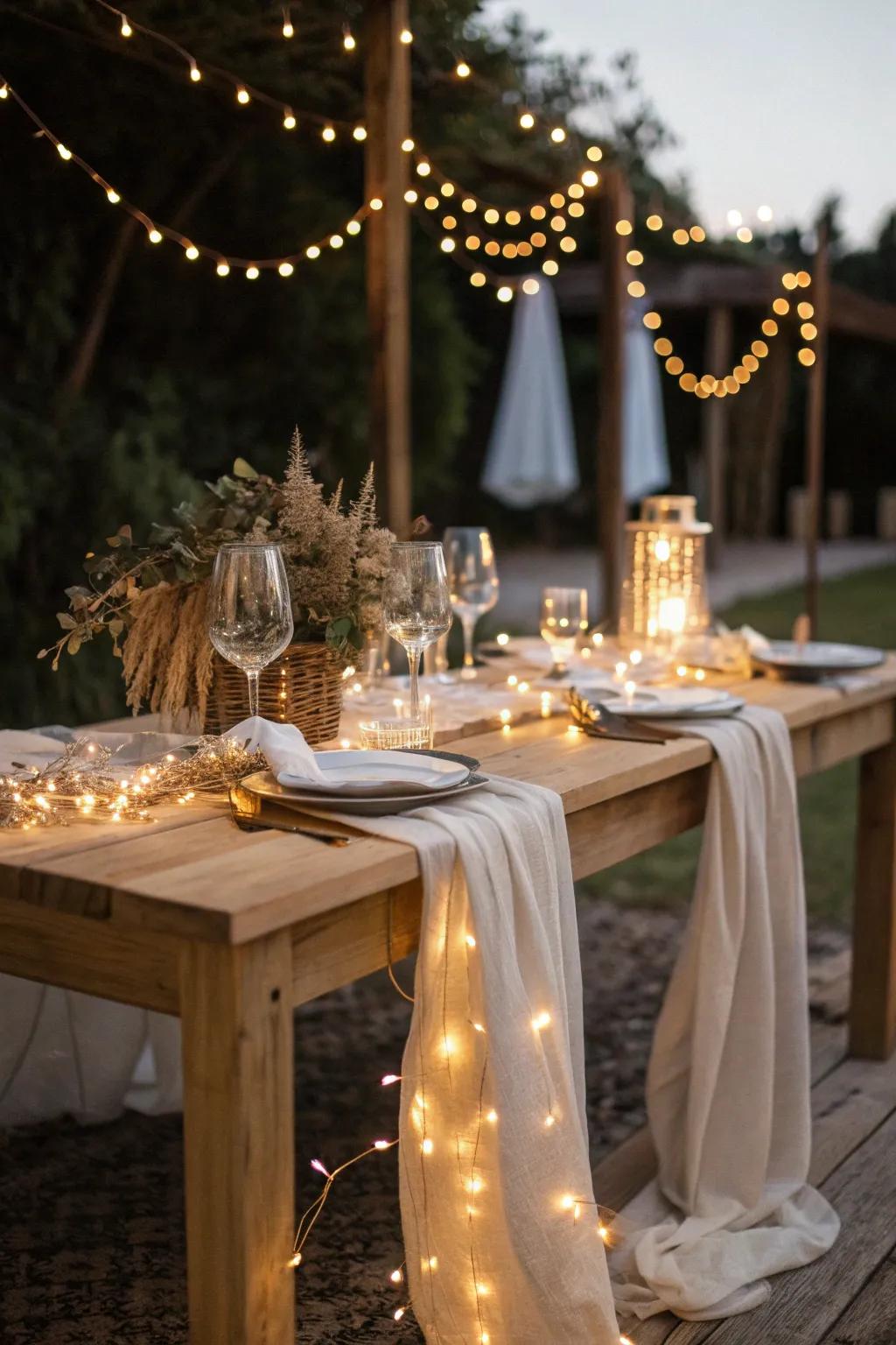 Illuminate your table with fairy lights for a touch of magic and whimsy in your decor.