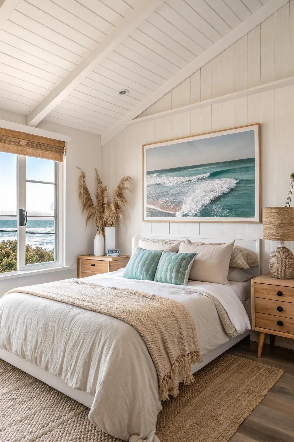 Ocean-themed artwork brings the serene beauty of the sea into your bedroom. 🌊 #BeachArt #CoastalLiving