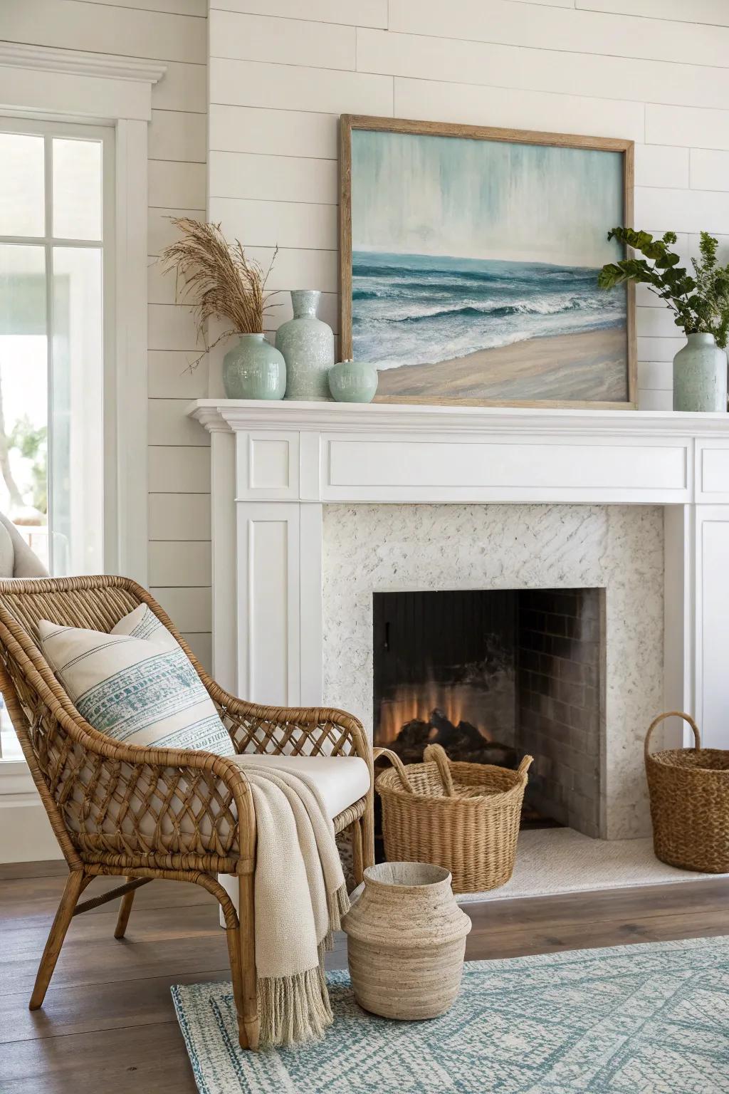 Wicker and rattan bring a touch of nature indoors, perfect for a cozy coastal corner.