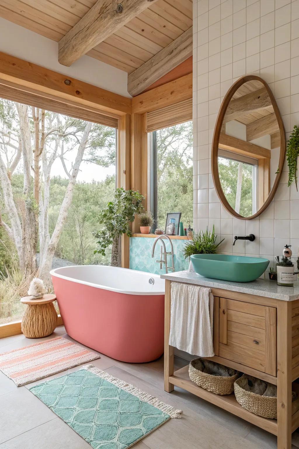 Coral and teal bring a touch of tropical energy to your bathroom.