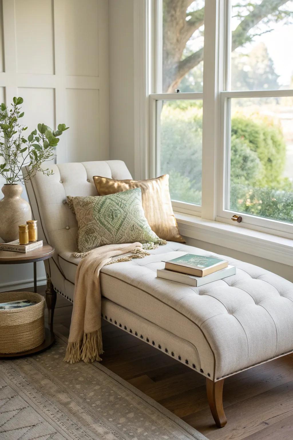 Indulge in the elegance of a chaise lounge, perfect for those quiet moments of relaxation. #ReadingNook #ElegantSeating