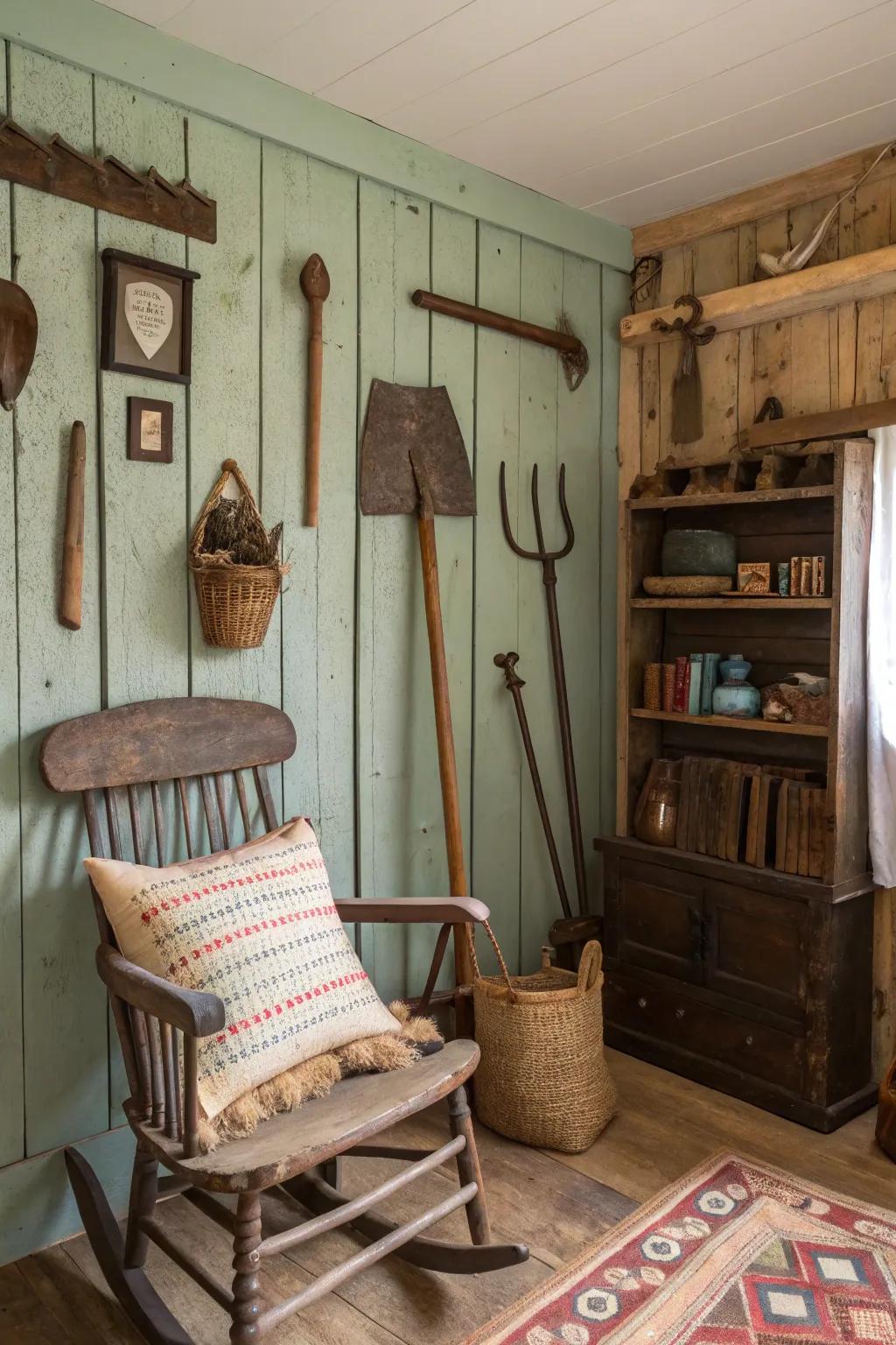 Antique farm tools transform into charming wall decor, adding authenticity and character.