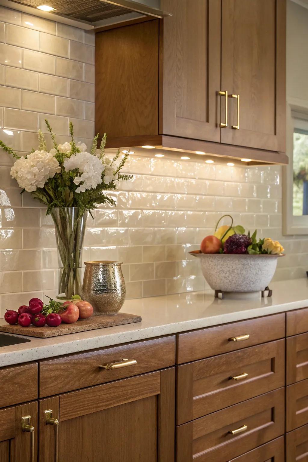 Reflect light and space with a glossy cream backsplash for a contemporary vibe.