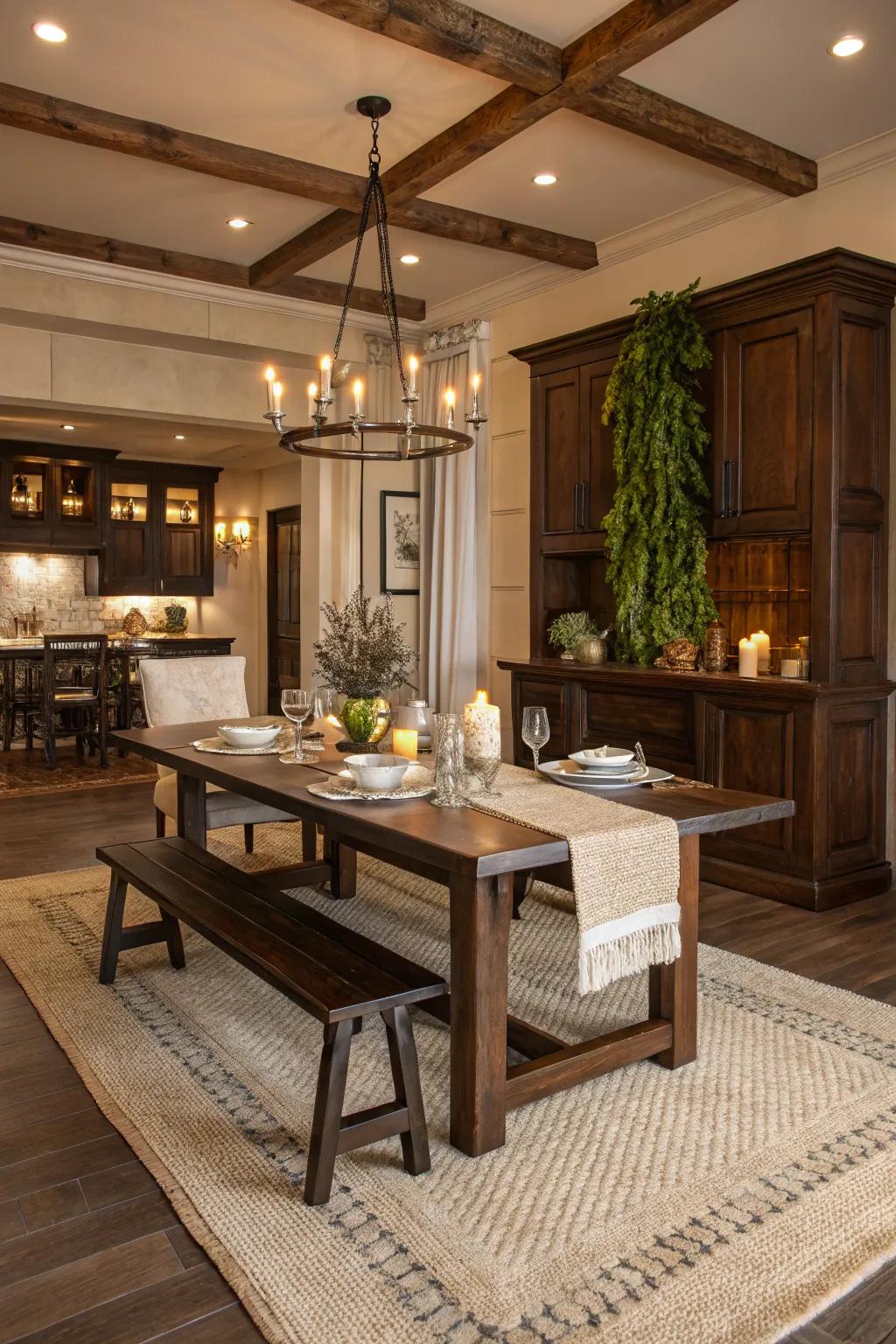 Anchor your dining area with a neutral rug that adds warmth and definition.