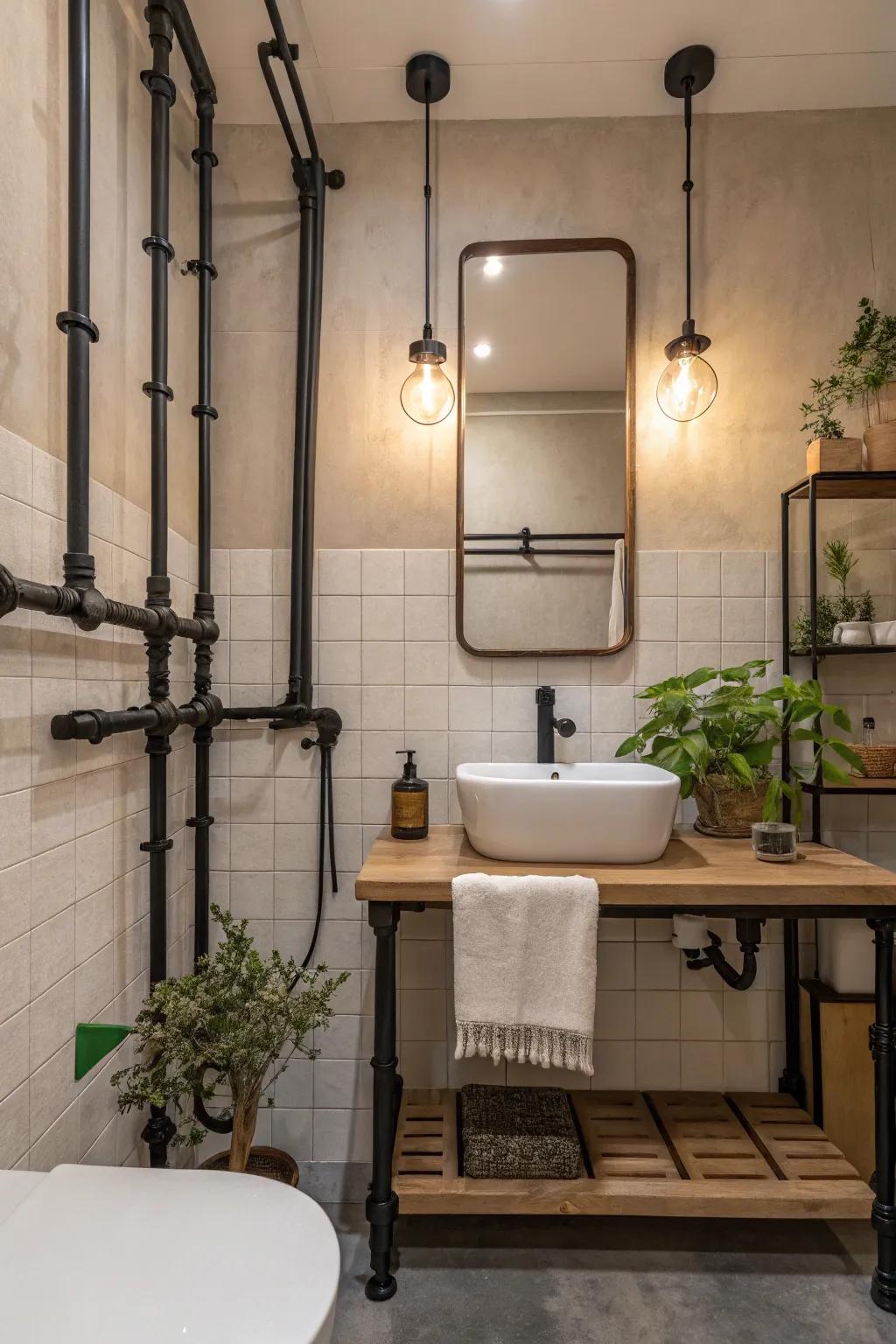 Industrial touches give your bathroom a modern, moody, and seriously stylish vibe.